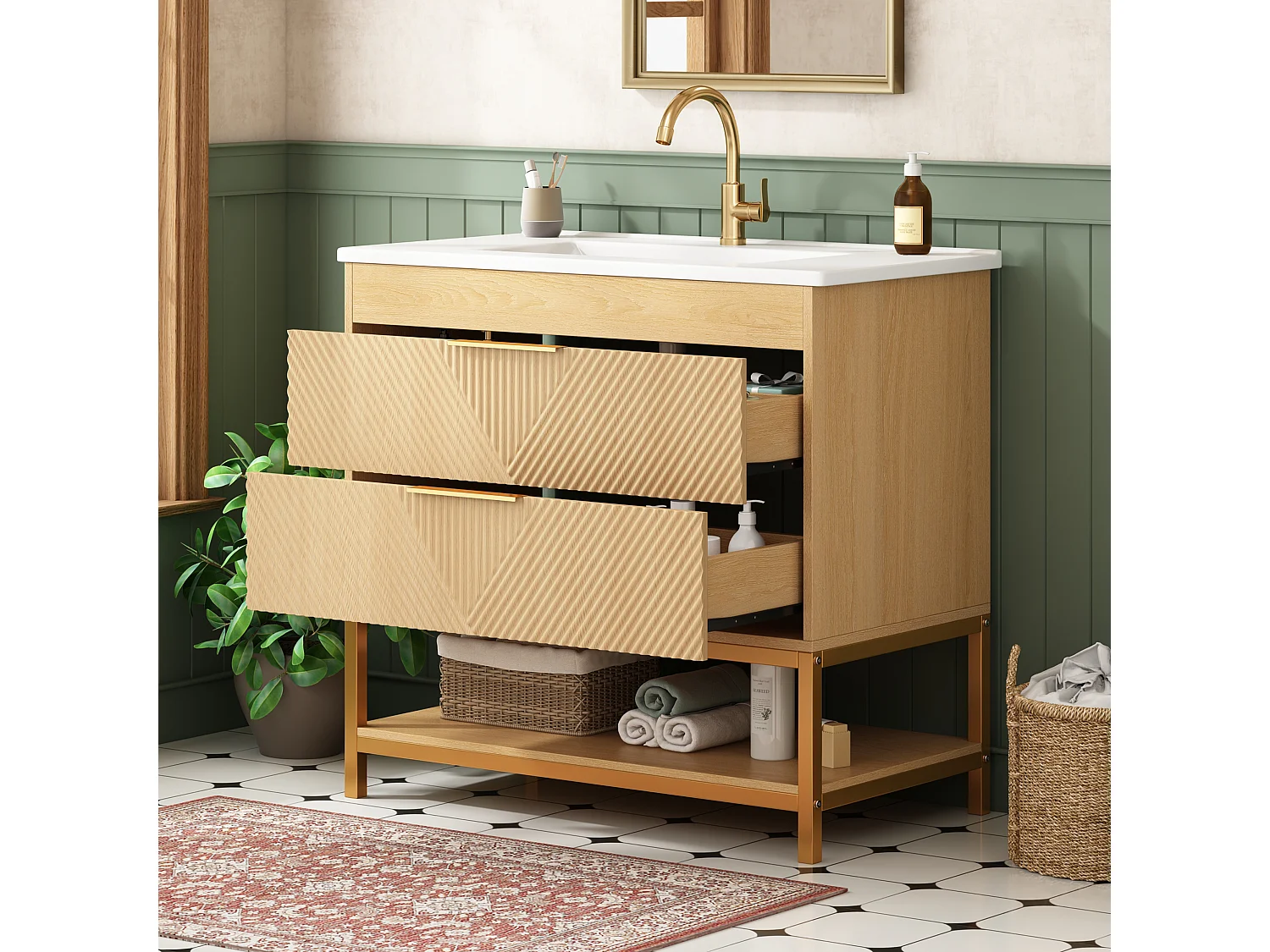 Meuble de Salle de Bain Sur Pied 81cm - Meuble Sous-Vasque avec Vasque Céramique, 2 Tiroirs, Façade Géométrique et Piétement Métal - Naturel