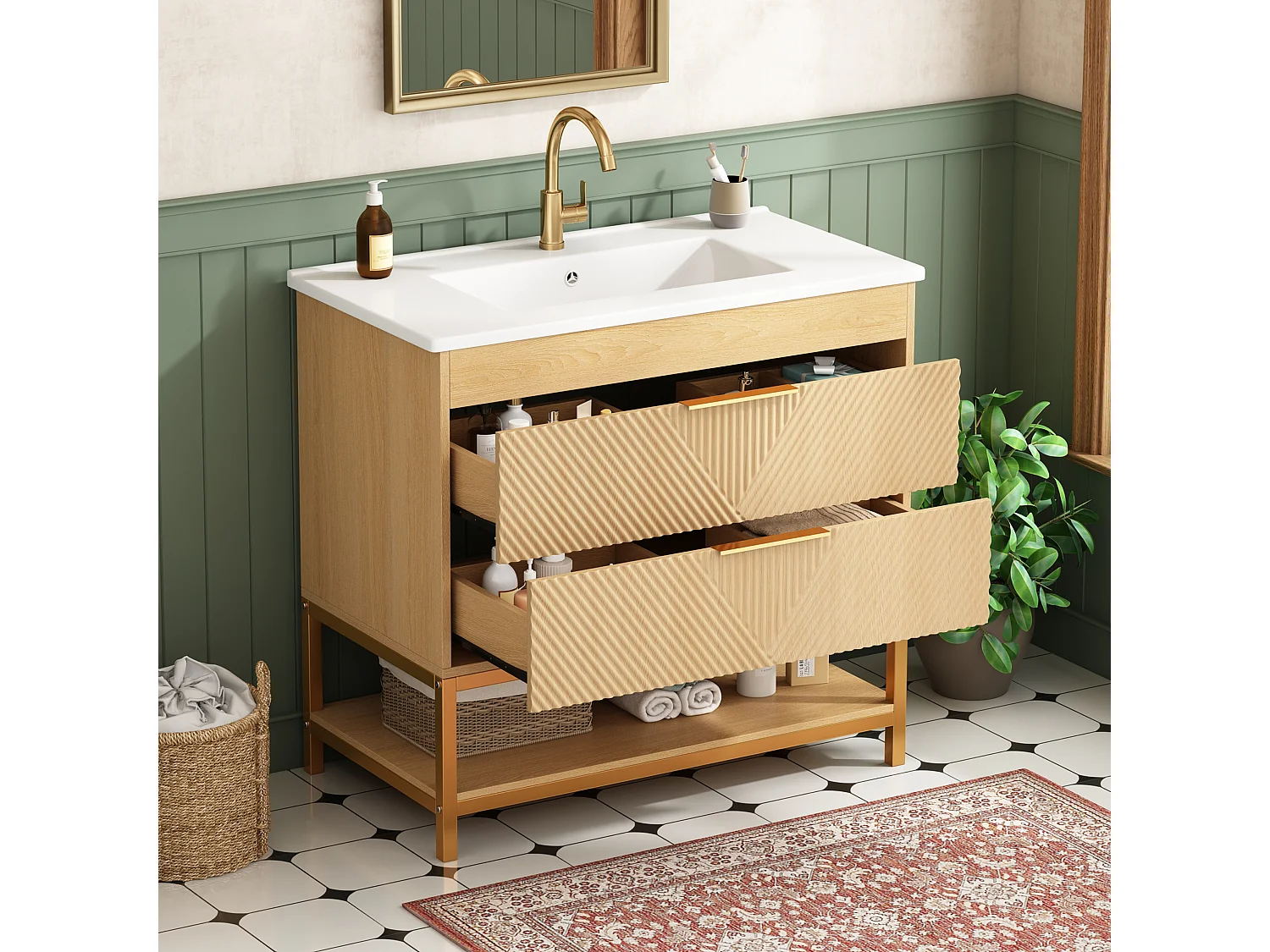 Meuble de Salle de Bain Sur Pied 81cm - Meuble Sous-Vasque avec Vasque Céramique, 2 Tiroirs, Façade Géométrique et Piétement Métal - Naturel