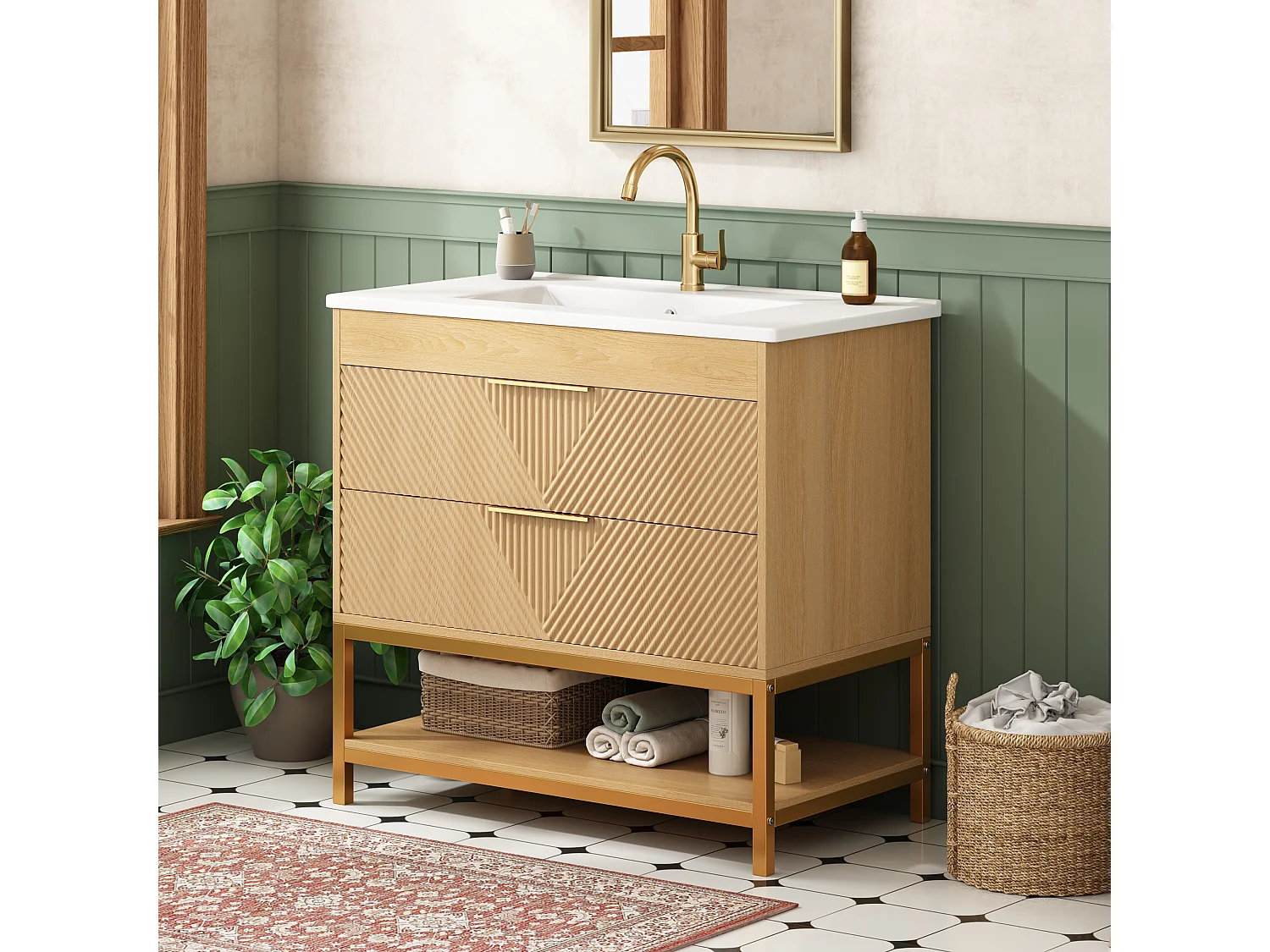Meuble de Salle de Bain Sur Pied 81cm - Meuble Sous-Vasque avec Vasque Céramique, 2 Tiroirs, Façade Géométrique et Piétement Métal - Naturel