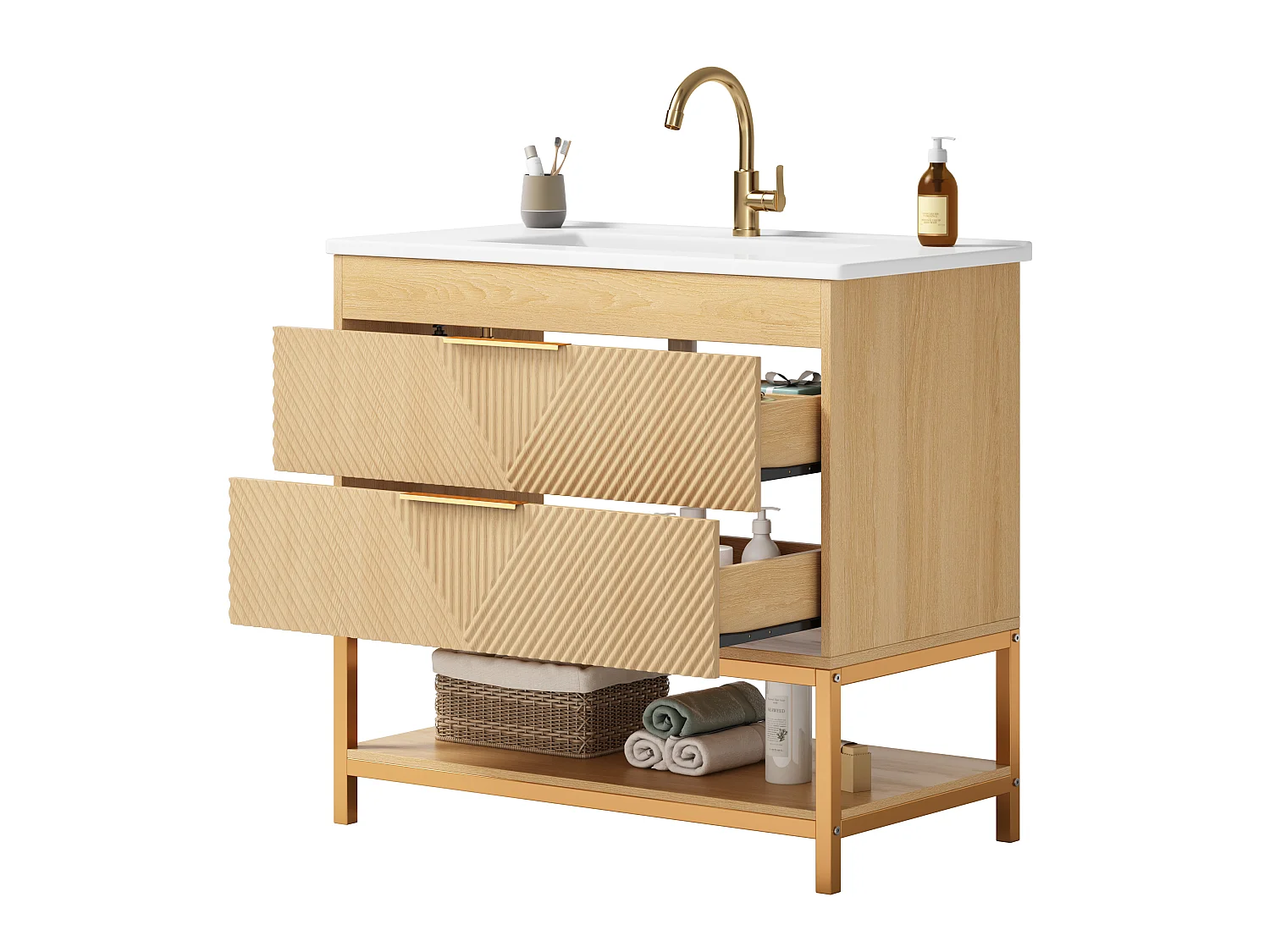 Meuble de Salle de Bain Sur Pied 81cm - Meuble Sous-Vasque avec Vasque Céramique, 2 Tiroirs, Façade Géométrique et Piétement Métal - Naturel