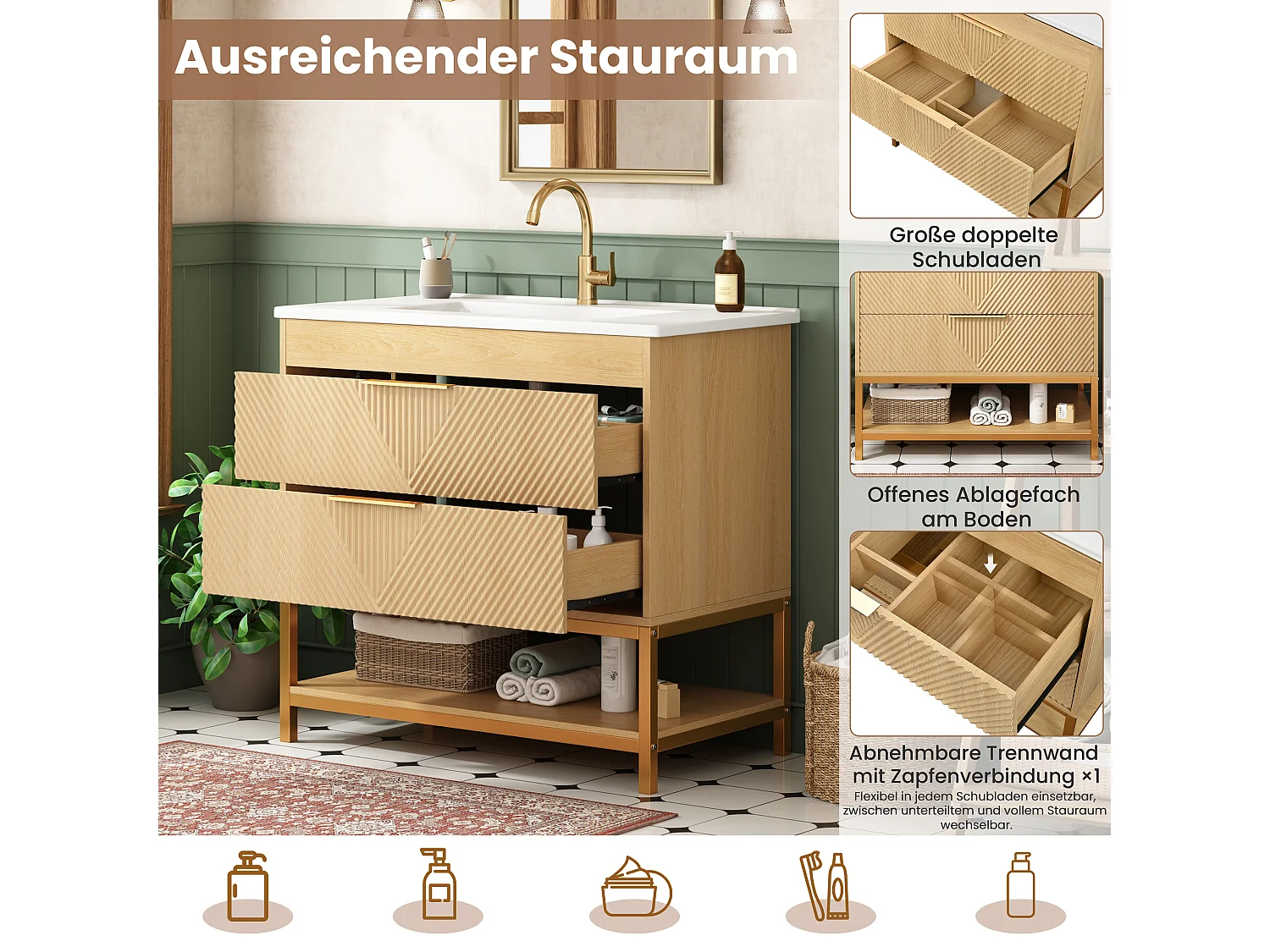 Meuble de Salle de Bain Sur Pied 81cm - Meuble Sous-Vasque avec Vasque Céramique, 2 Tiroirs, Façade Géométrique et Piétement Métal - Naturel