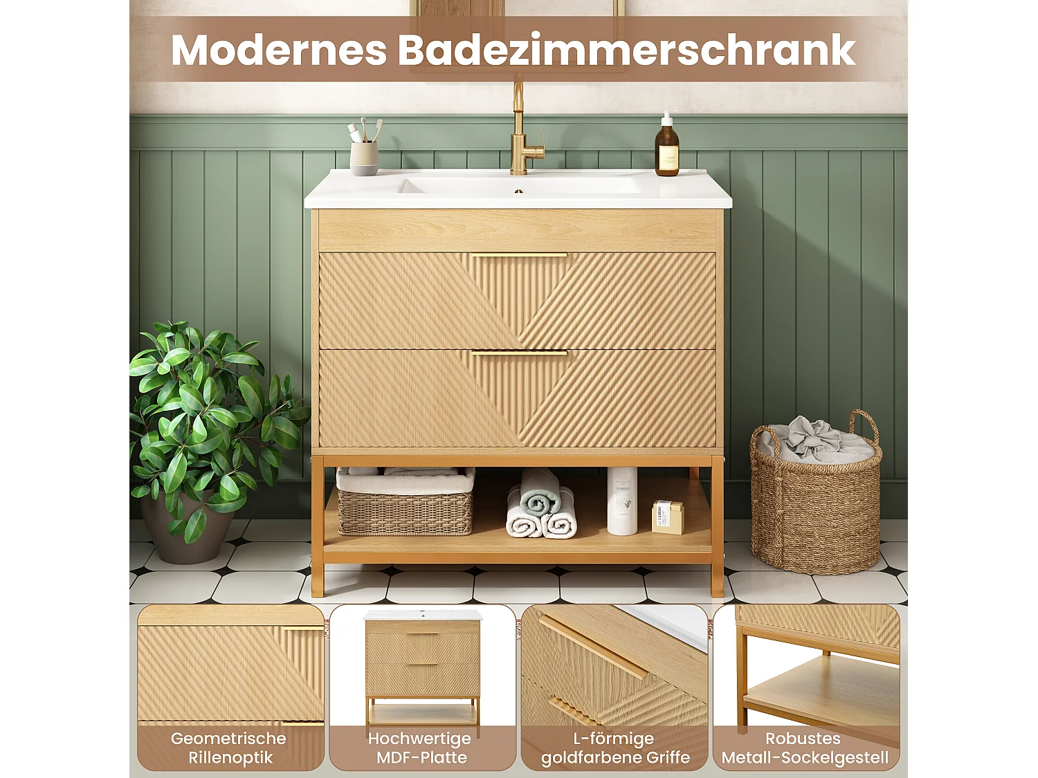 Meuble de Salle de Bain Sur Pied 81cm - Meuble Sous-Vasque avec Vasque Céramique, 2 Tiroirs, Façade Géométrique et Piétement Métal - Naturel