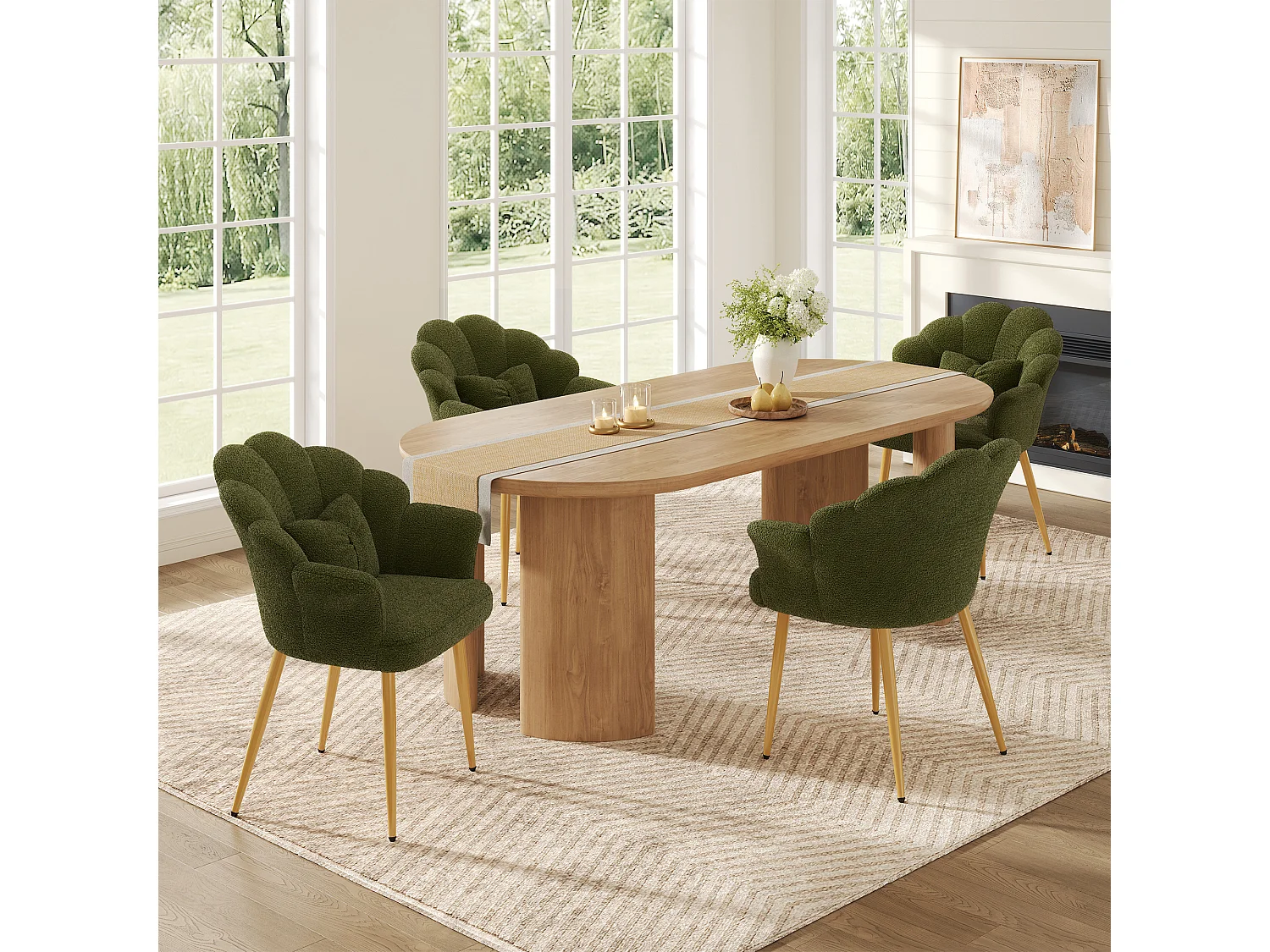 Lot de 4 fauteuils modernes – Rembourrés – Pieds en métal doré – Dossier en forme d'arc – vert