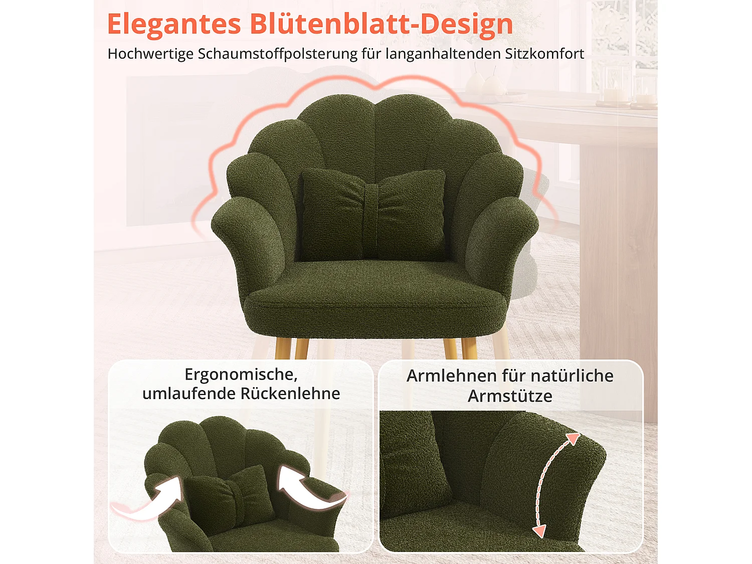 Lot de 4 fauteuils modernes – Rembourrés – Pieds en métal doré – Dossier en forme d'arc – vert