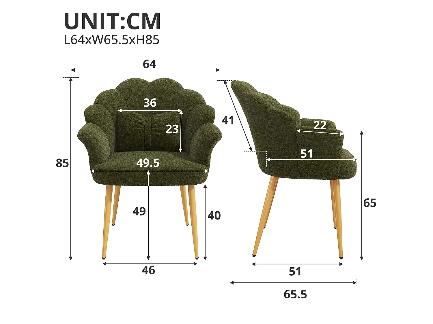 Lot de 4 fauteuils modernes – Rembourrés – Pieds en métal doré – Dossier en forme d'arc – vert