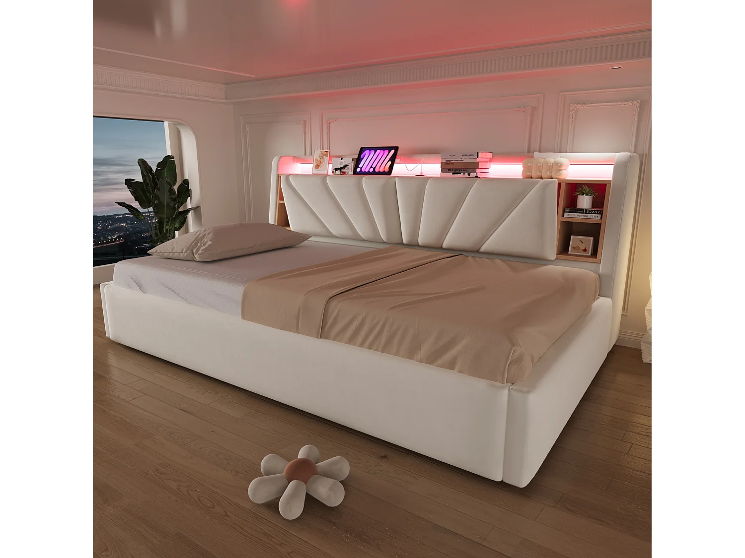 Łóżko z pojemnikiem tapicerowane 90 x 200 cm – z półkami – z przegrodami do przechowywania – z oświetleniem LED i portem USB – Beżowy (materac nie jest dołączony)