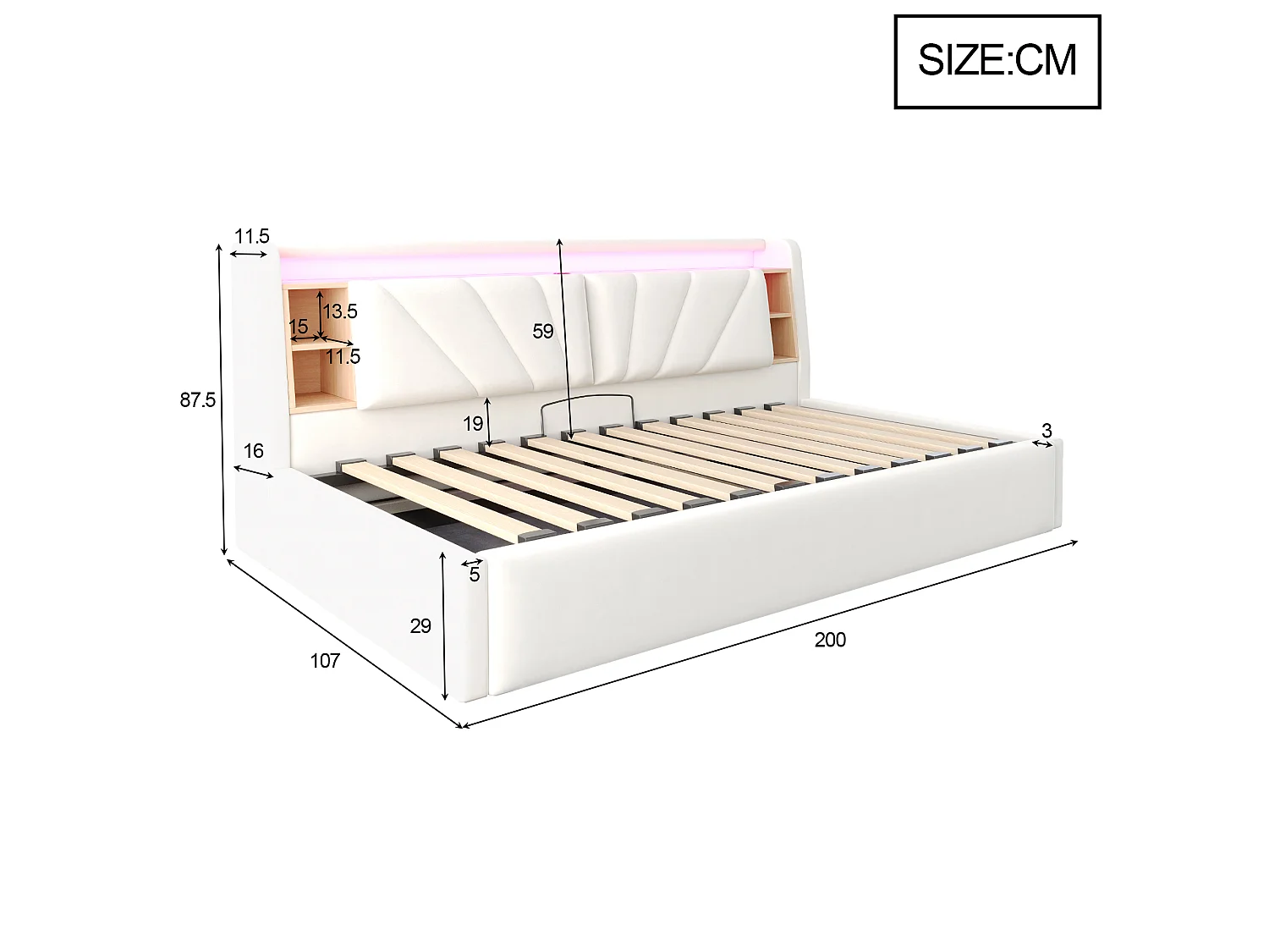 Łóżko z pojemnikiem tapicerowane 90 x 200 cm – z półkami – z przegrodami do przechowywania – z oświetleniem LED i portem USB – Beżowy (materac nie jest dołączony)