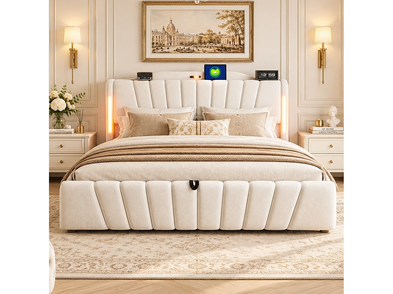 Upholstered storage bed 180x200 cm – with LED headboard – with USB and Type-C charging ports – Beige (mattress not included)
