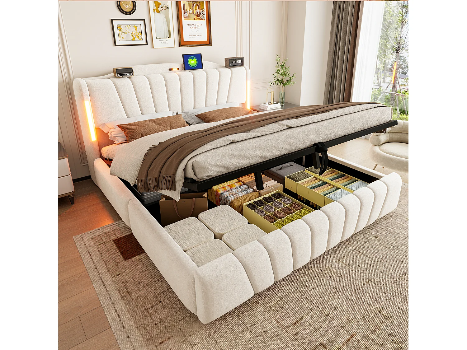 Upholstered storage bed 180x200 cm – with LED headboard – with USB and Type-C charging ports – Beige (mattress not included)