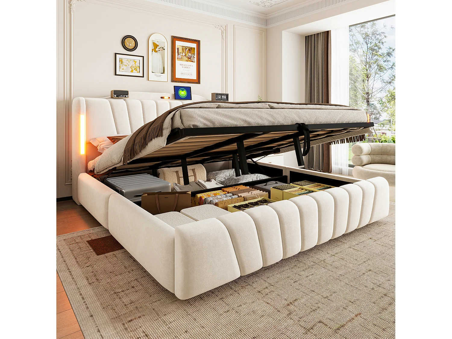 Upholstered storage bed 180x200 cm – with LED headboard – with USB and Type-C charging ports – Beige (mattress not included)