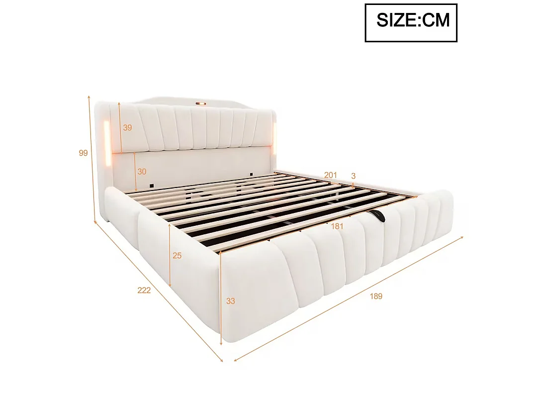 Upholstered storage bed 180x200 cm – with LED headboard – with USB and Type-C charging ports – Beige (mattress not included)