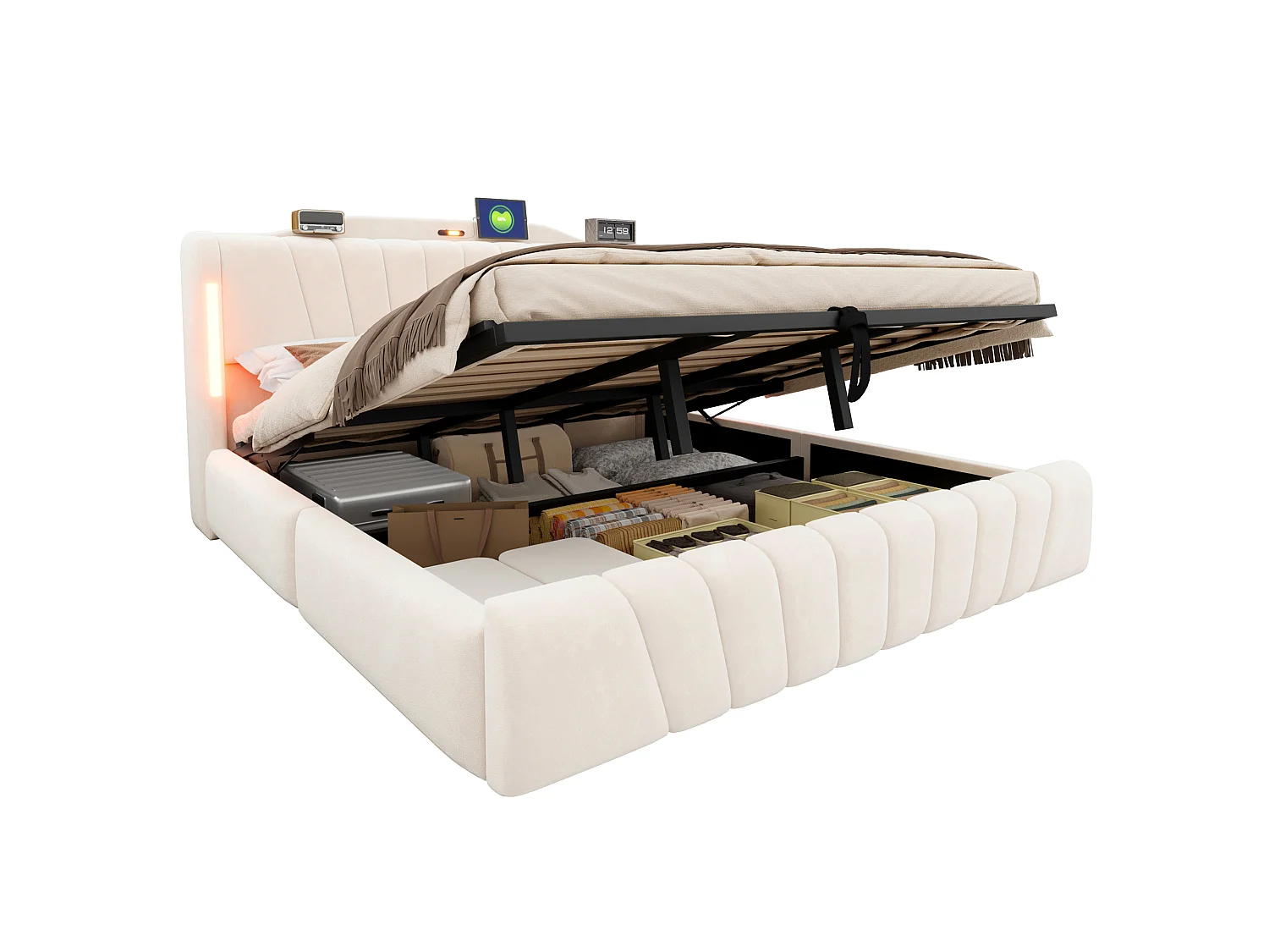 Upholstered storage bed 180x200 cm – with LED headboard – with USB and Type-C charging ports – Beige (mattress not included)