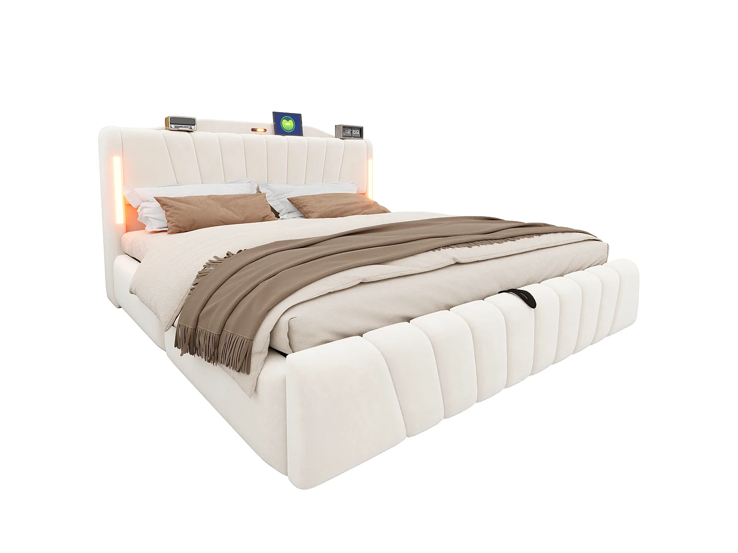 Upholstered storage bed 180x200 cm – with LED headboard – with USB and Type-C charging ports – Beige (mattress not included)