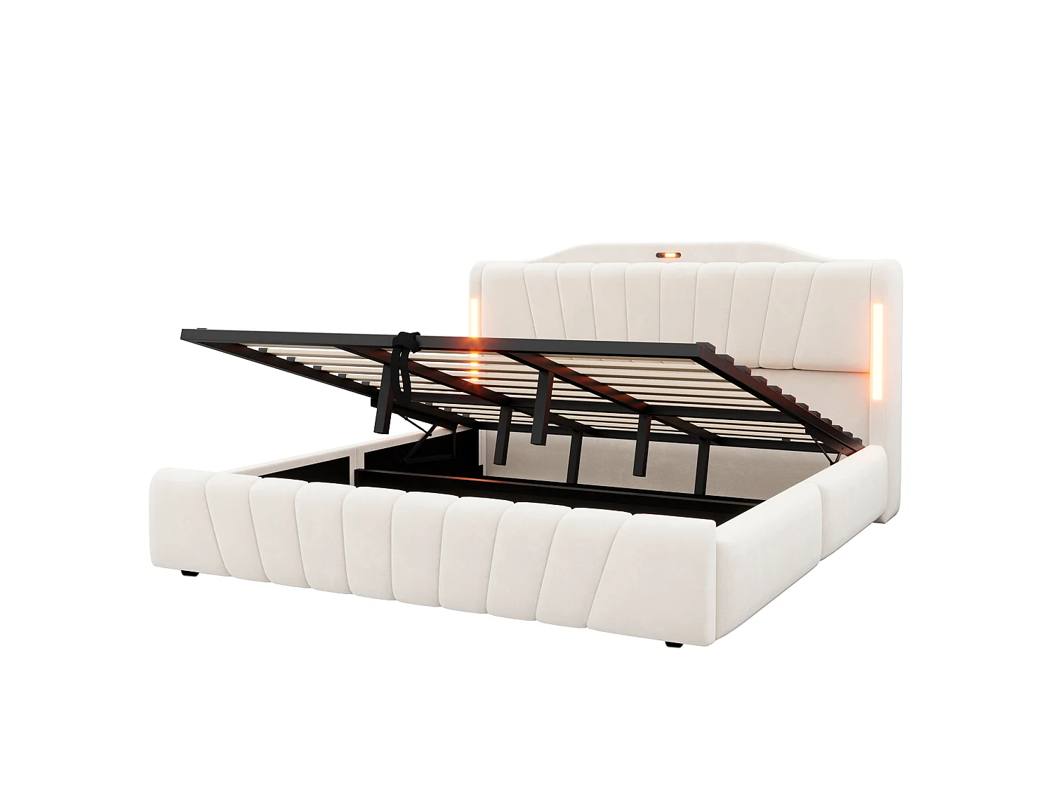Upholstered storage bed 180x200 cm – with LED headboard – with USB and Type-C charging ports – Beige (mattress not included)