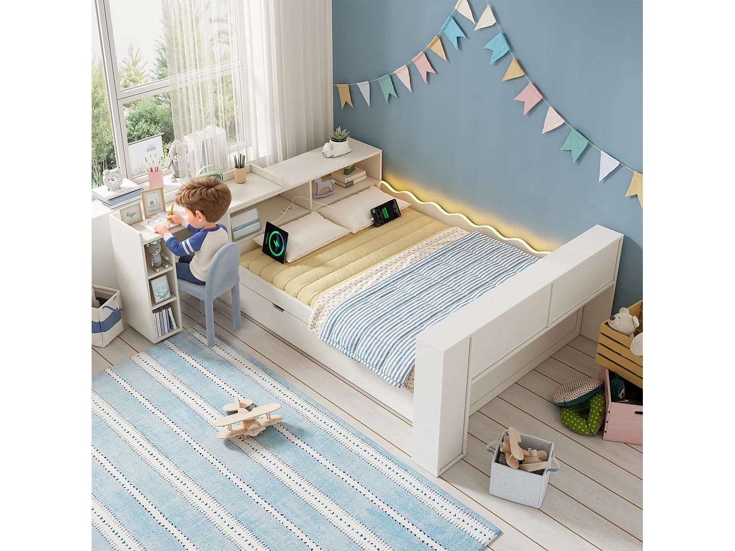 Canapé-lit 140x190cm - avec lit gigogne - avec éclairage LED et prises de recharge - avec bureau extensible - blanc (matelas non inclus)