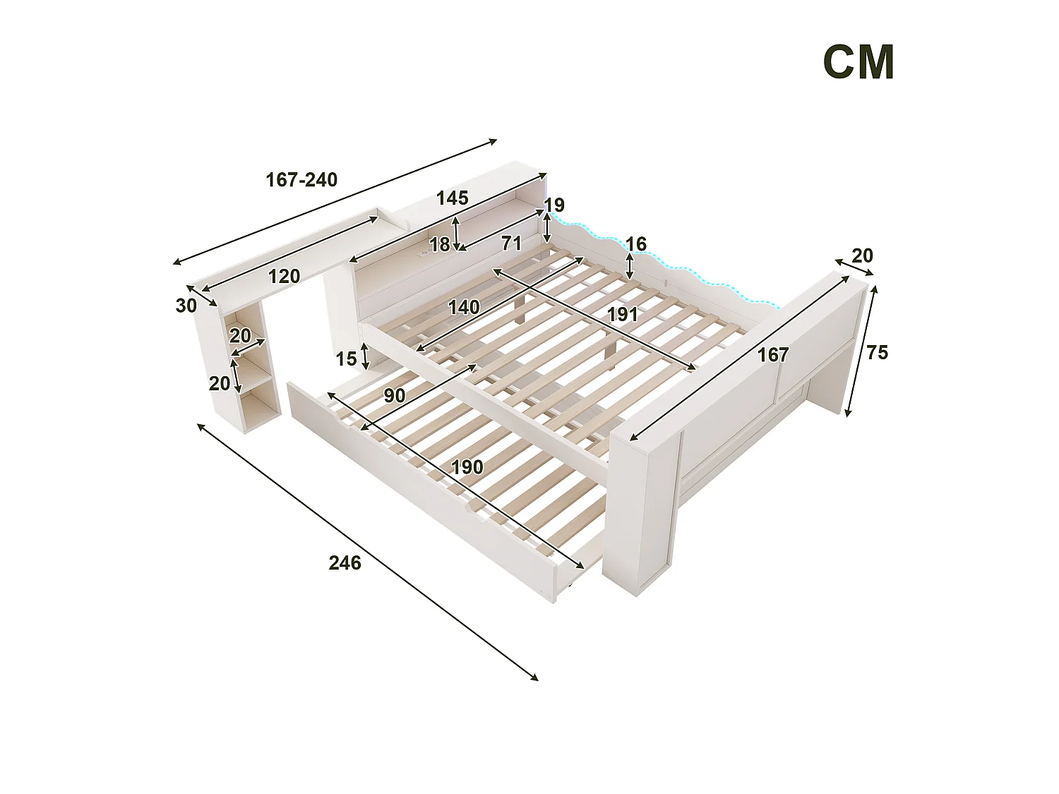 Canapé-lit 140x190cm - avec lit gigogne - avec éclairage LED et prises de recharge - avec bureau extensible - blanc (matelas non inclus)