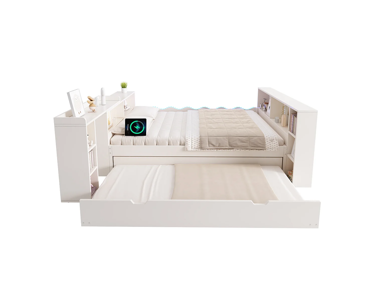 Canapé-lit 140x190cm - avec lit gigogne - avec éclairage LED et prises de recharge - avec bureau extensible - blanc (matelas non inclus)