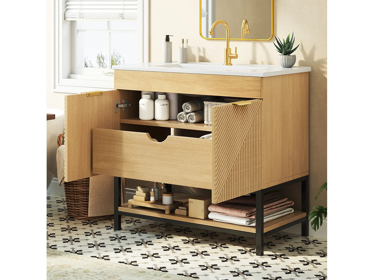 Meuble de Salle de Bain Sur Pied 81cm - Meuble Sous-Vasque avec Vasque Céramique, Tiroir, Portes à Reliefs Diagonaux et Piétement Métal - Marron