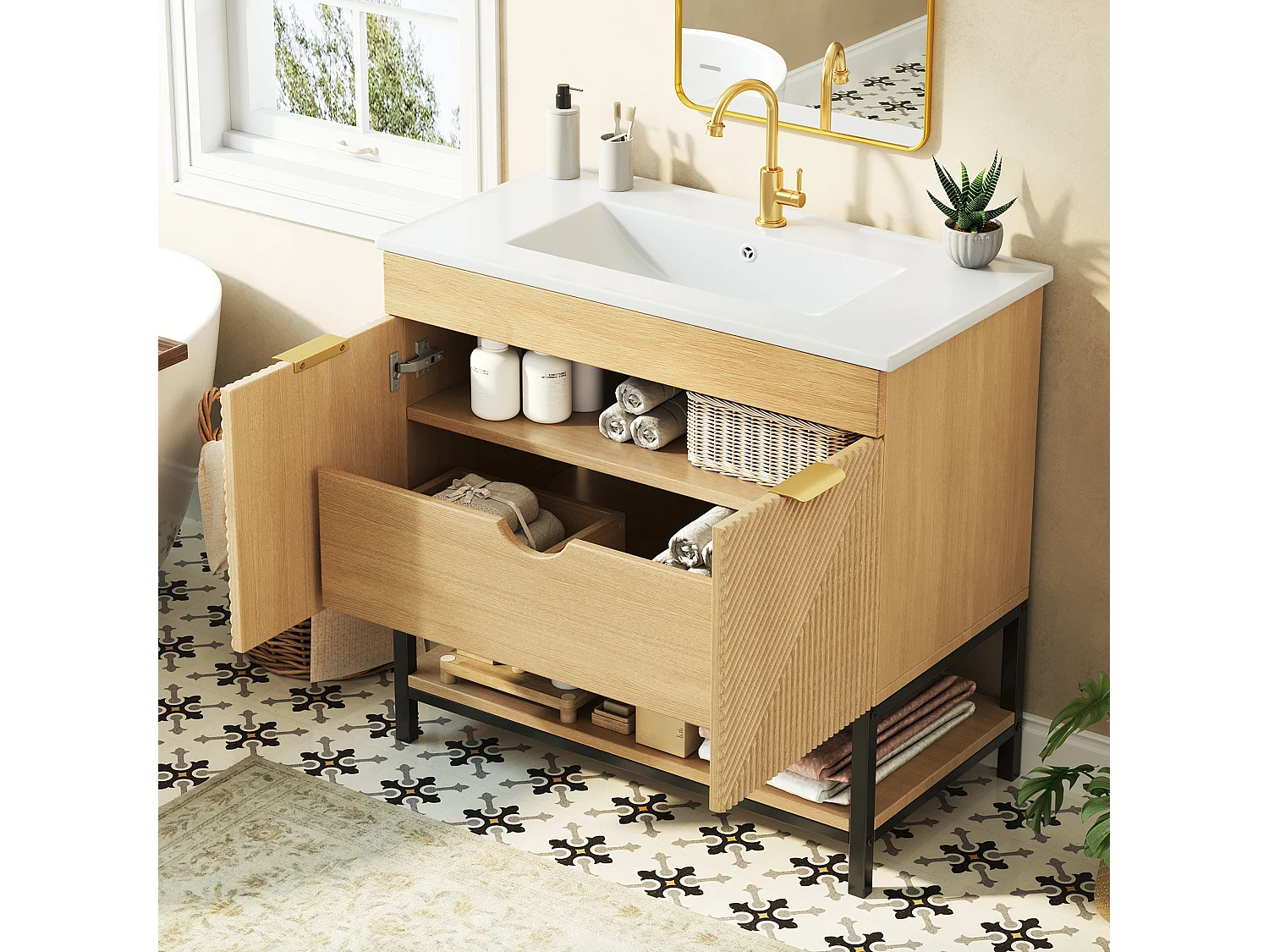 Meuble de Salle de Bain Sur Pied 81cm - Meuble Sous-Vasque avec Vasque Céramique, Tiroir, Portes à Reliefs Diagonaux et Piétement Métal - Marron