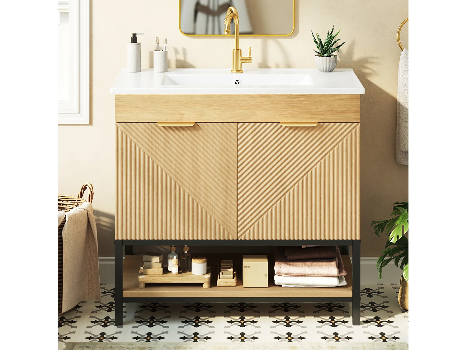 Meuble de Salle de Bain Sur Pied 81cm - Meuble Sous-Vasque avec Vasque Céramique, Tiroir, Portes à Reliefs Diagonaux et Piétement Métal - Marron
