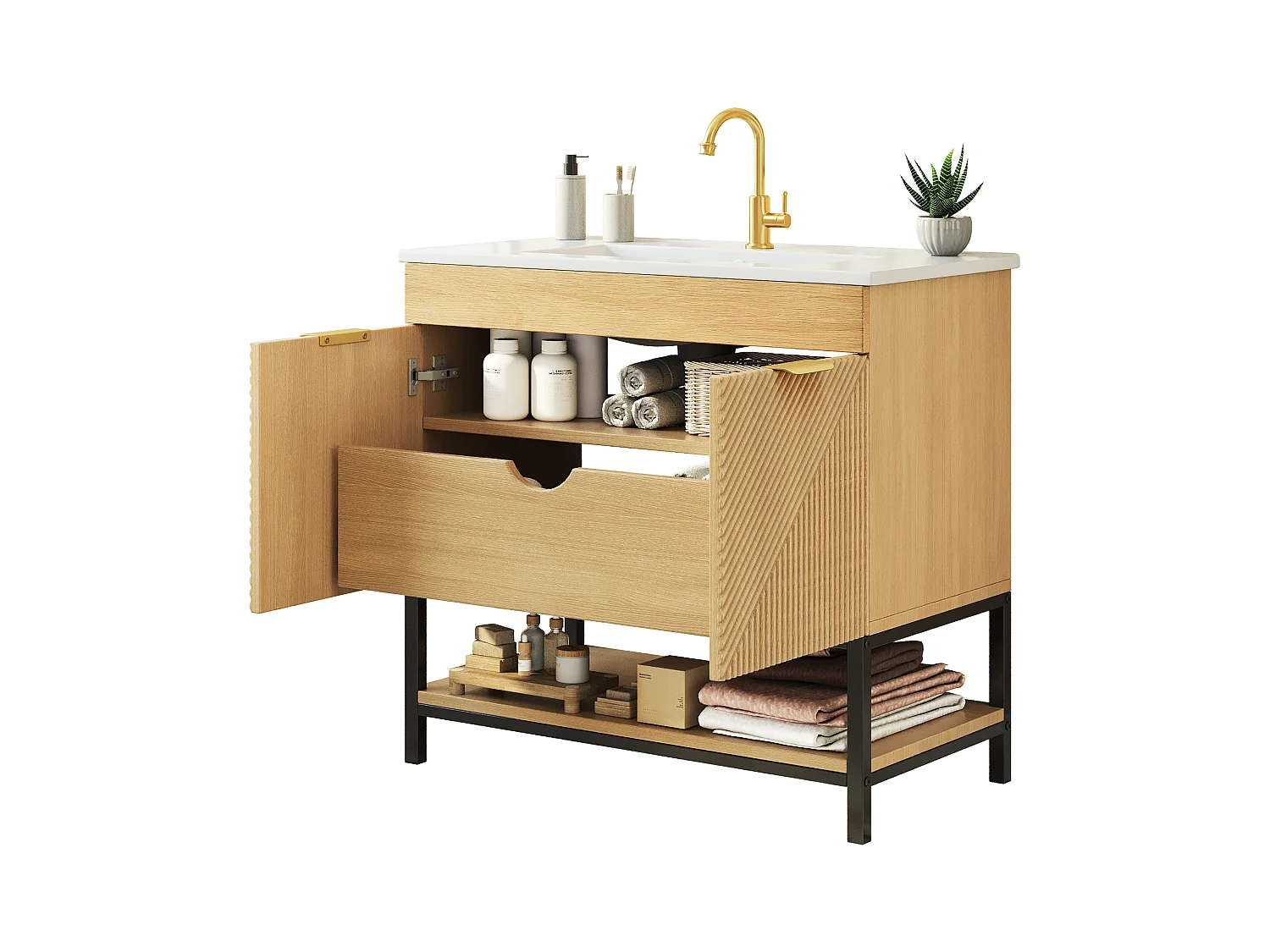 Meuble de Salle de Bain Sur Pied 81cm - Meuble Sous-Vasque avec Vasque Céramique, Tiroir, Portes à Reliefs Diagonaux et Piétement Métal - Marron