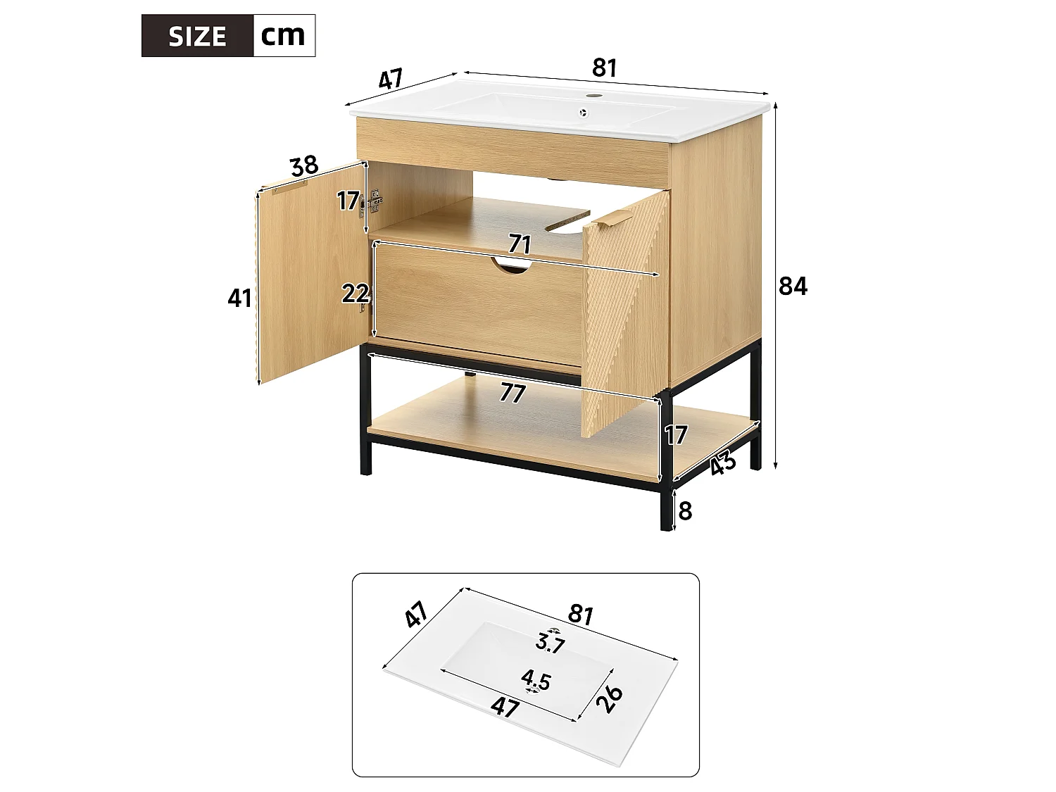 Meuble de Salle de Bain Sur Pied 81cm - Meuble Sous-Vasque avec Vasque Céramique, Tiroir, Portes à Reliefs Diagonaux et Piétement Métal - Marron