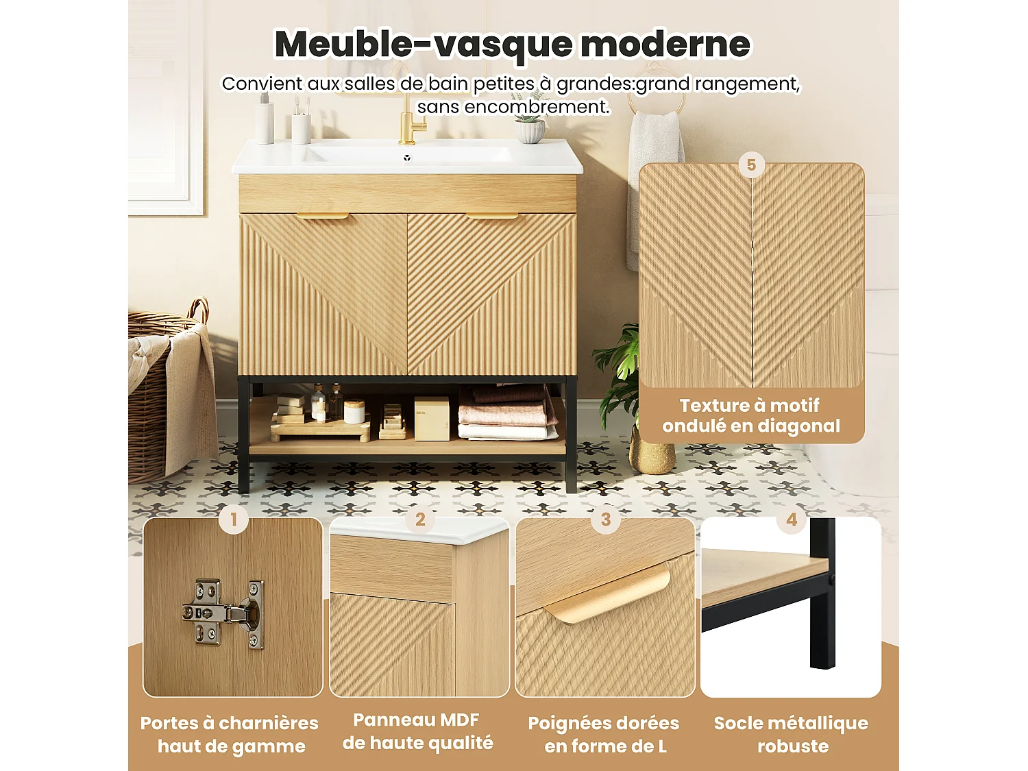 Meuble de Salle de Bain Sur Pied 81cm - Meuble Sous-Vasque avec Vasque Céramique, Tiroir, Portes à Reliefs Diagonaux et Piétement Métal - Marron