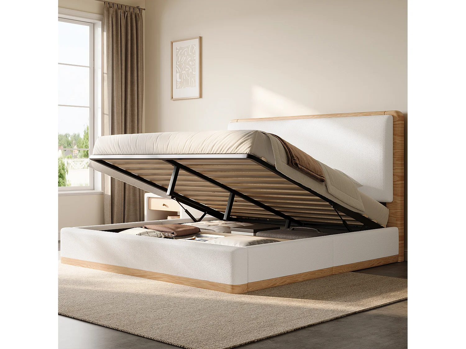 Lit coffre rembourré 140x200 cm - Rangement coffre - Tête de lit rembourrée et sommier à lattes - MDF - Blanc+naturel (sans matelas)