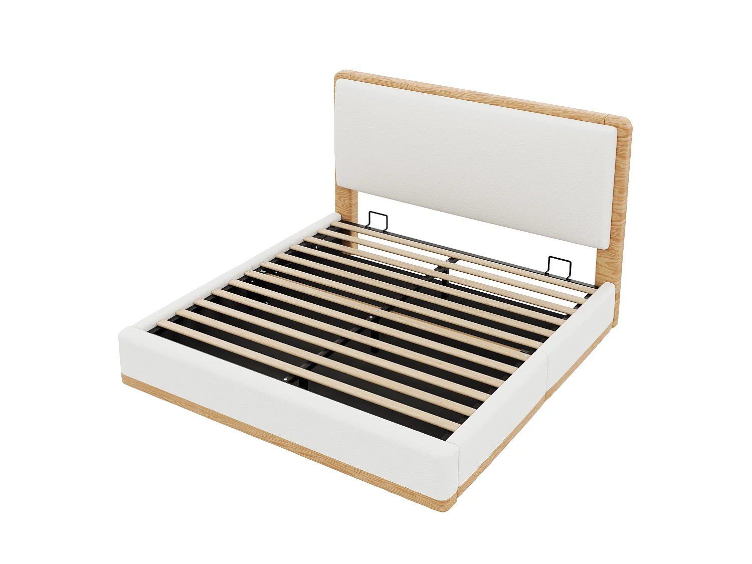 Lit coffre rembourré 140x200 cm - Rangement coffre - Tête de lit rembourrée et sommier à lattes - MDF - Blanc+naturel (sans matelas)
