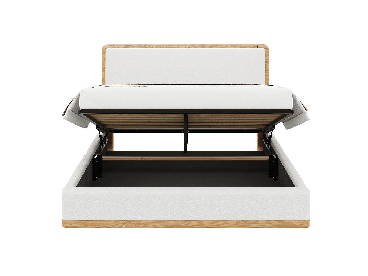 Lit coffre rembourré 140x200 cm - Rangement coffre - Tête de lit rembourrée et sommier à lattes - MDF - Blanc+naturel (sans matelas)