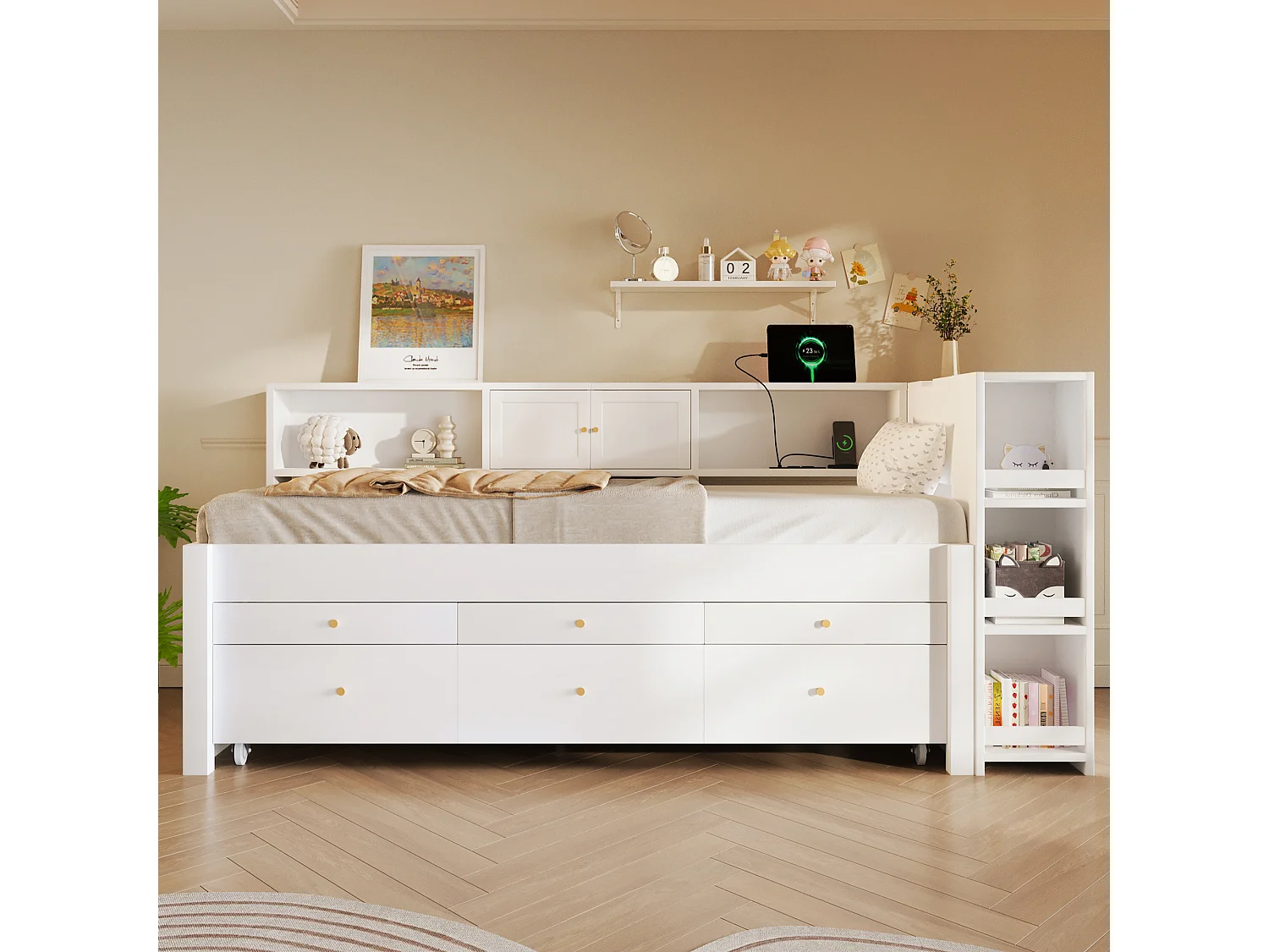 Sofá cama 90x200 cm - Con cama nido - Con 3 cajones, compartimento de almacenamiento y puertos USB - MDF - Blanco (sin colchón)