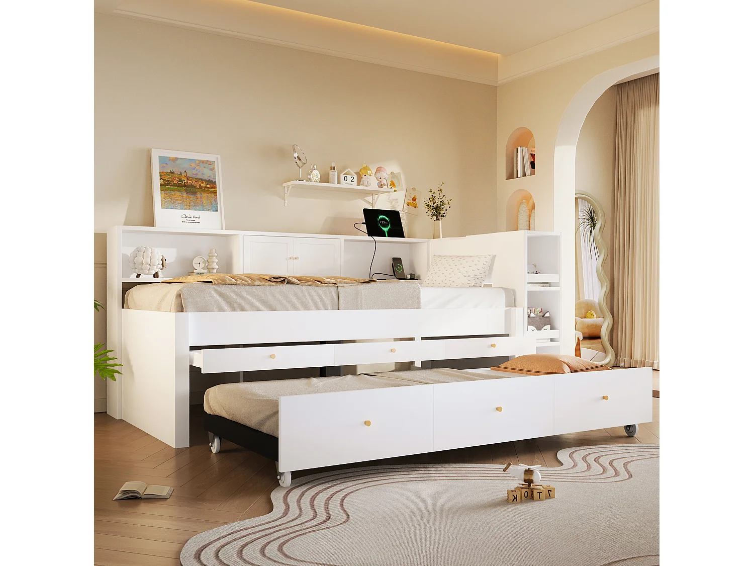 Sofá cama 90x200 cm - Con cama nido - Con 3 cajones, compartimento de almacenamiento y puertos USB - MDF - Blanco (sin colchón)