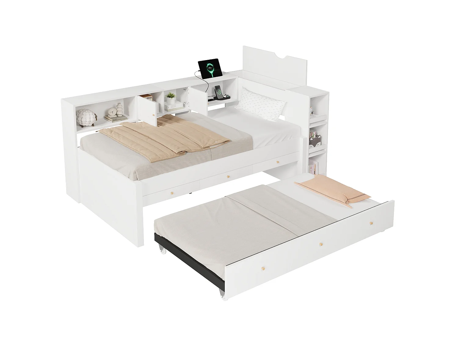 Sofá cama 90x200 cm - Con cama nido - Con 3 cajones, compartimento de almacenamiento y puertos USB - MDF - Blanco (sin colchón)