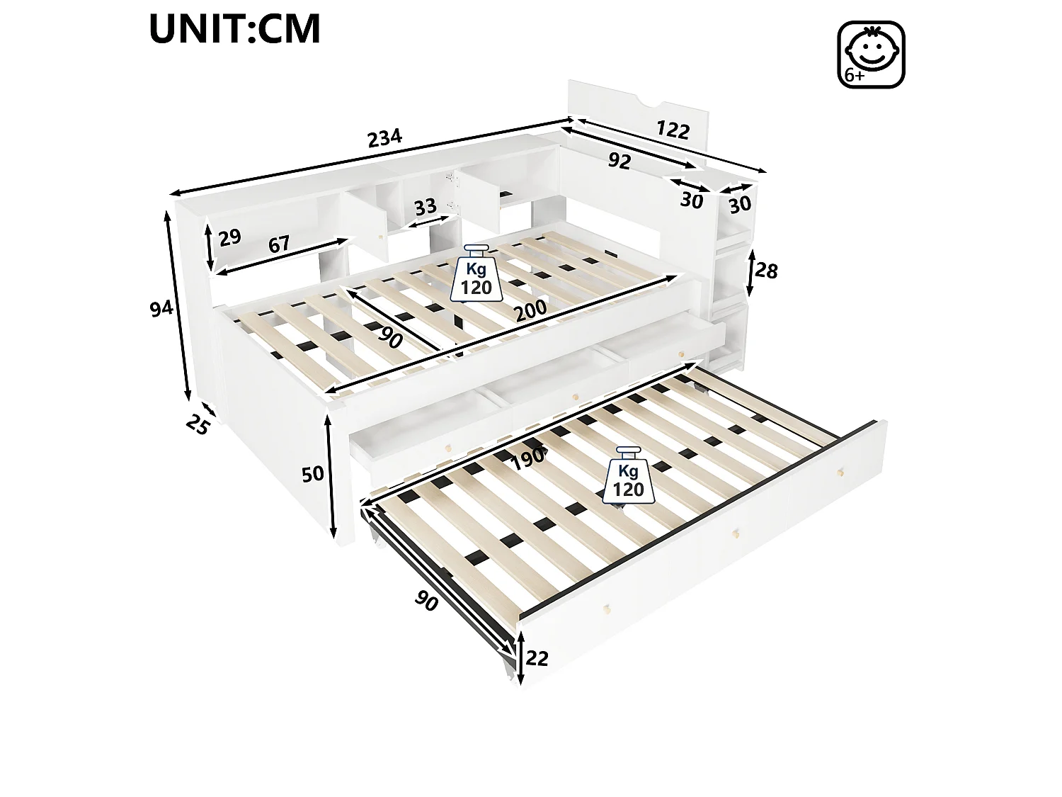 Sofá cama 90x200 cm - Con cama nido - Con 3 cajones, compartimento de almacenamiento y puertos USB - MDF - Blanco (sin colchón)