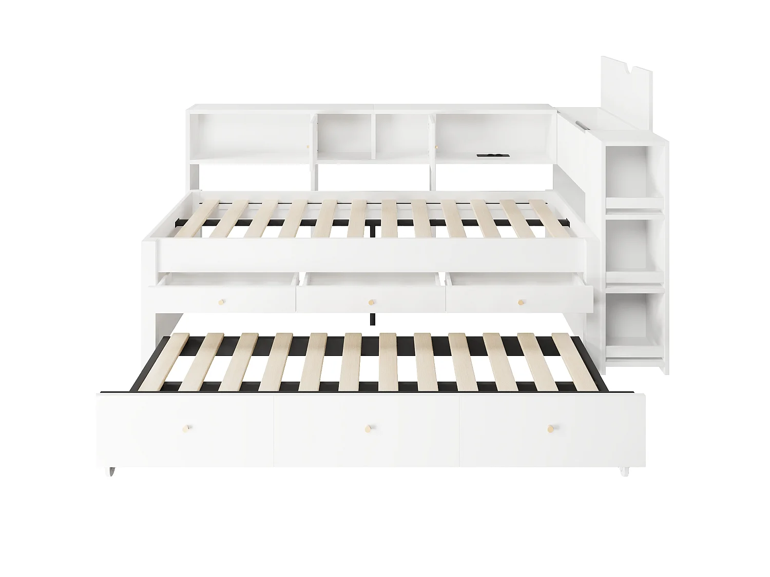 Sofá cama 90x200 cm - Con cama nido - Con 3 cajones, compartimento de almacenamiento y puertos USB - MDF - Blanco (sin colchón)