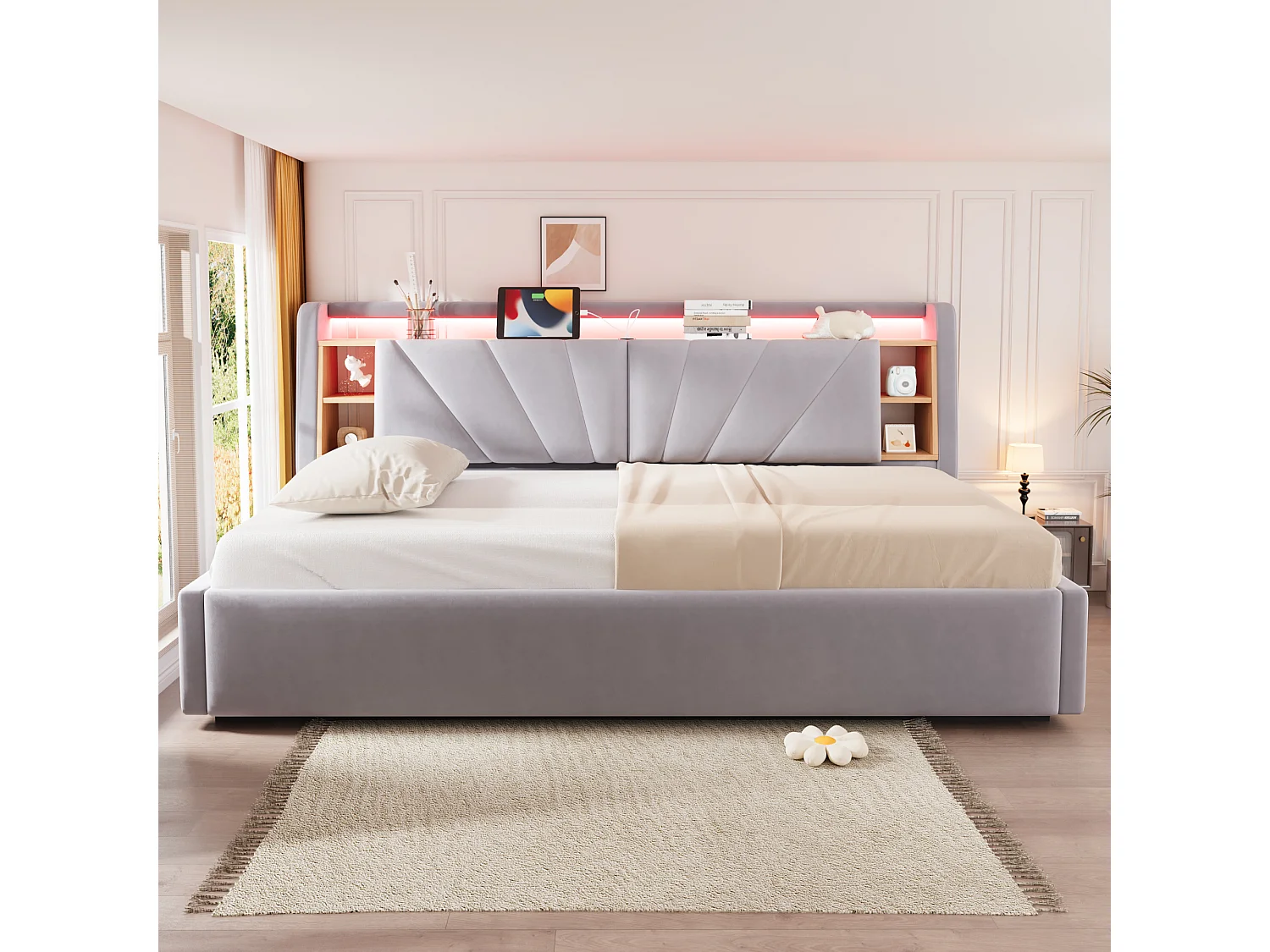 Lit coffre rembourré 90 x 200 cm – avec étagères – avec compartiments de rangement – ​​avec éclairage LED et port USB – Gris clair (matelas non inclus)