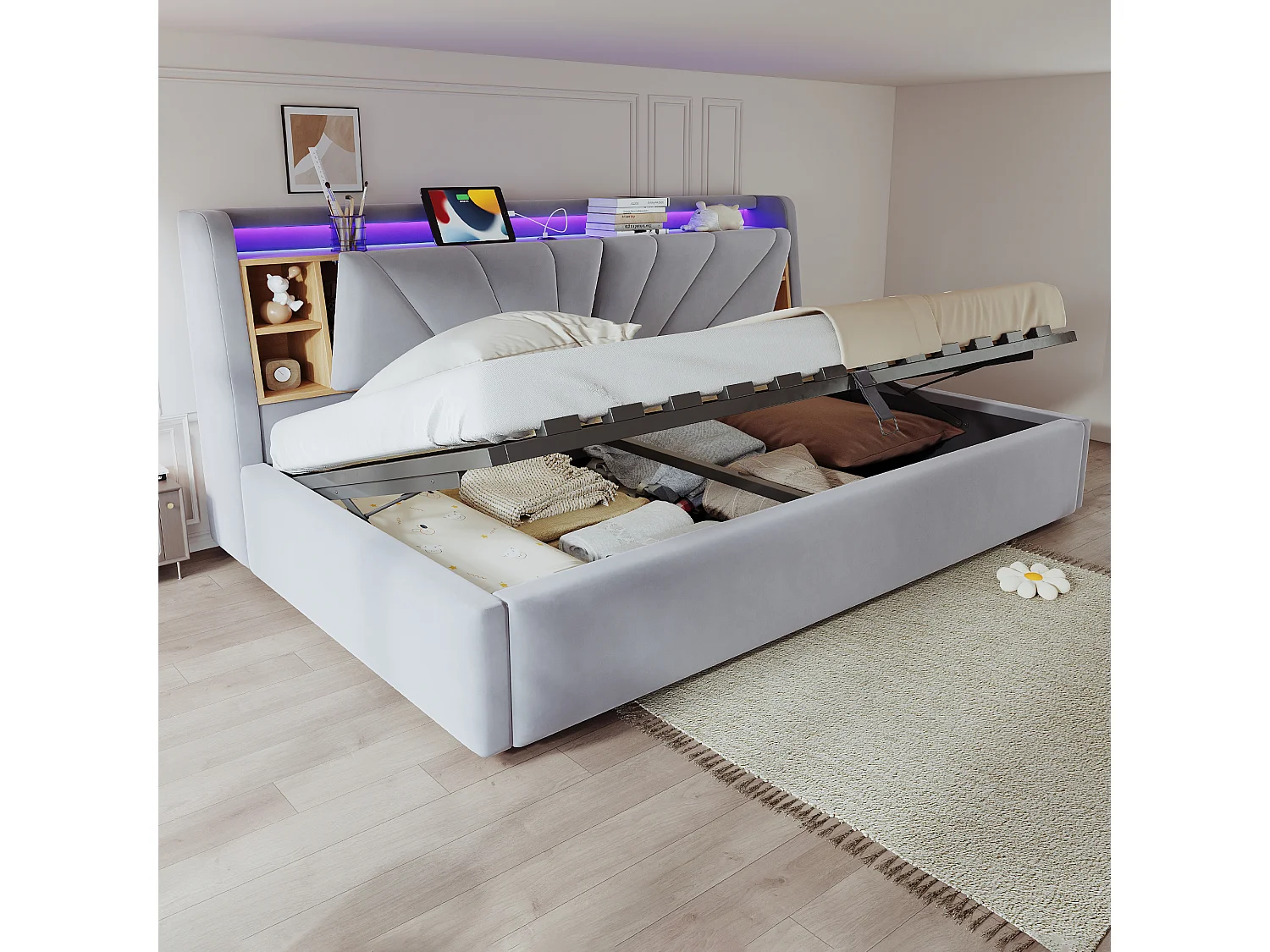 Lit coffre rembourré 90 x 200 cm – avec étagères – avec compartiments de rangement – ​​avec éclairage LED et port USB – Gris clair (matelas non inclus)