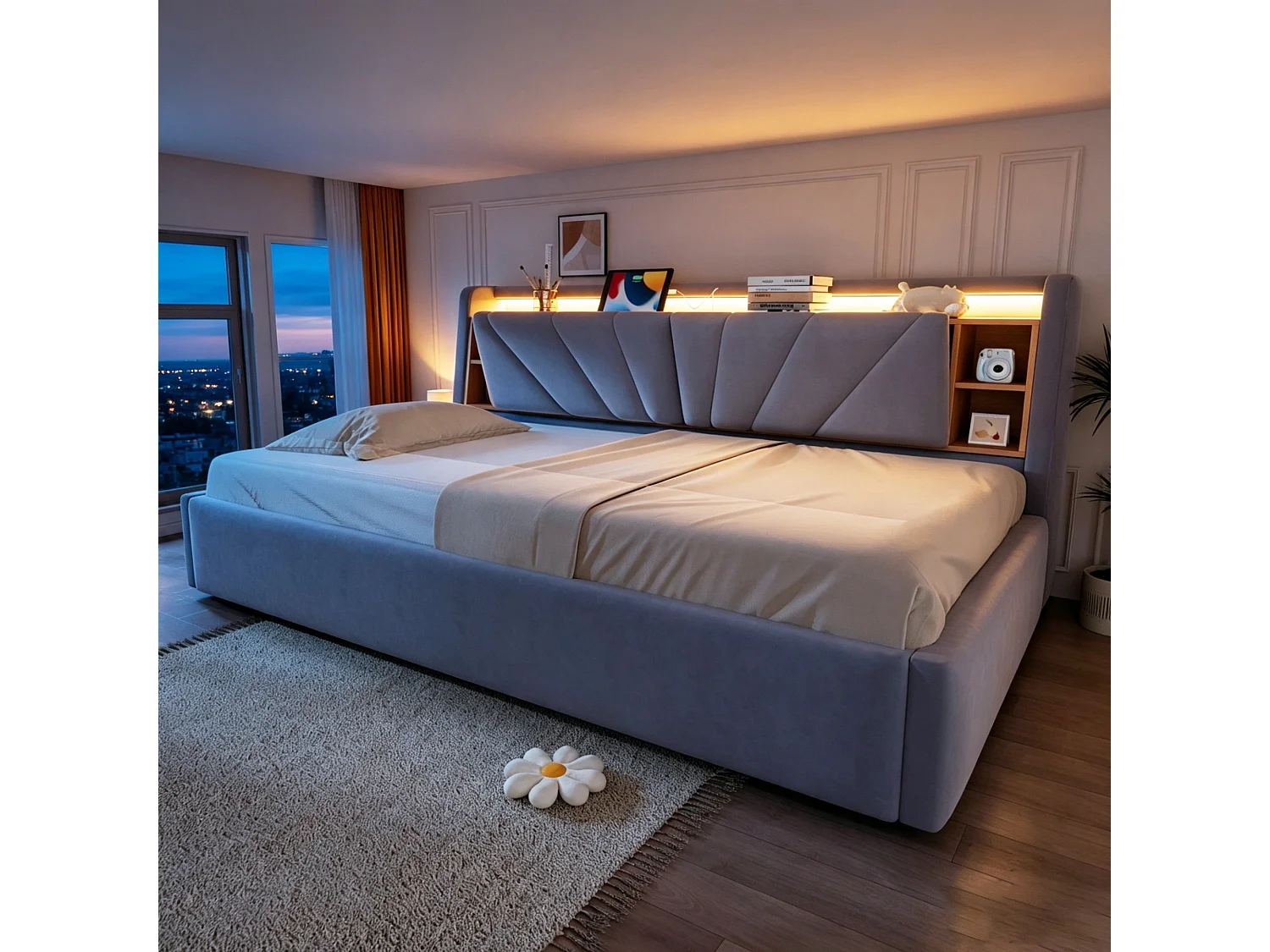 Lit coffre rembourré 90 x 200 cm – avec étagères – avec compartiments de rangement – ​​avec éclairage LED et port USB – Gris clair (matelas non inclus)
