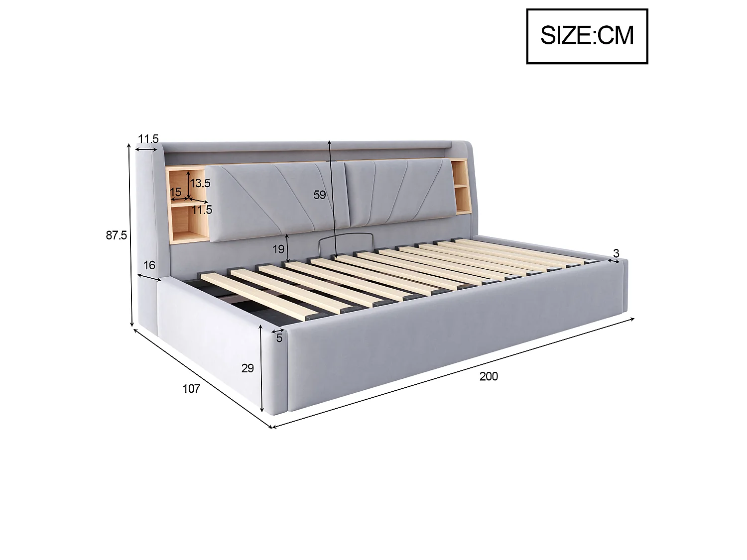 Lit coffre rembourré 90 x 200 cm – avec étagères – avec compartiments de rangement – ​​avec éclairage LED et port USB – Gris clair (matelas non inclus)