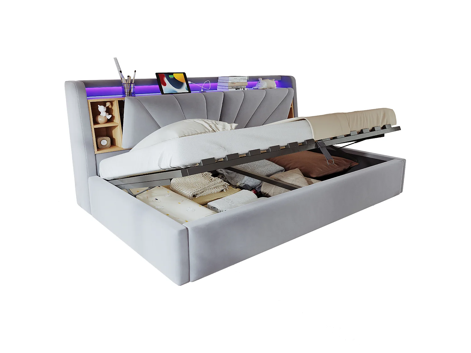 Lit coffre rembourré 90 x 200 cm – avec étagères – avec compartiments de rangement – ​​avec éclairage LED et port USB – Gris clair (matelas non inclus)