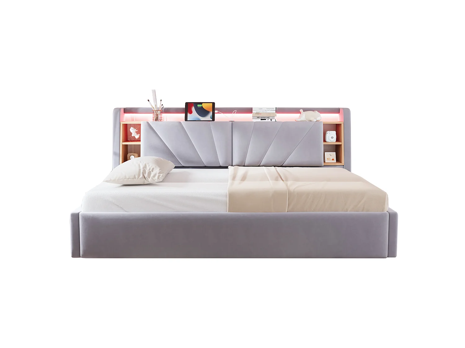 Lit coffre rembourré 90 x 200 cm – avec étagères – avec compartiments de rangement – ​​avec éclairage LED et port USB – Gris clair (matelas non inclus)