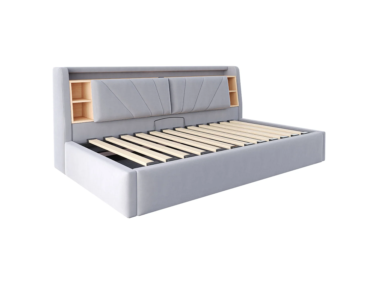 Lit coffre rembourré 90 x 200 cm – avec étagères – avec compartiments de rangement – ​​avec éclairage LED et port USB – Gris clair (matelas non inclus)