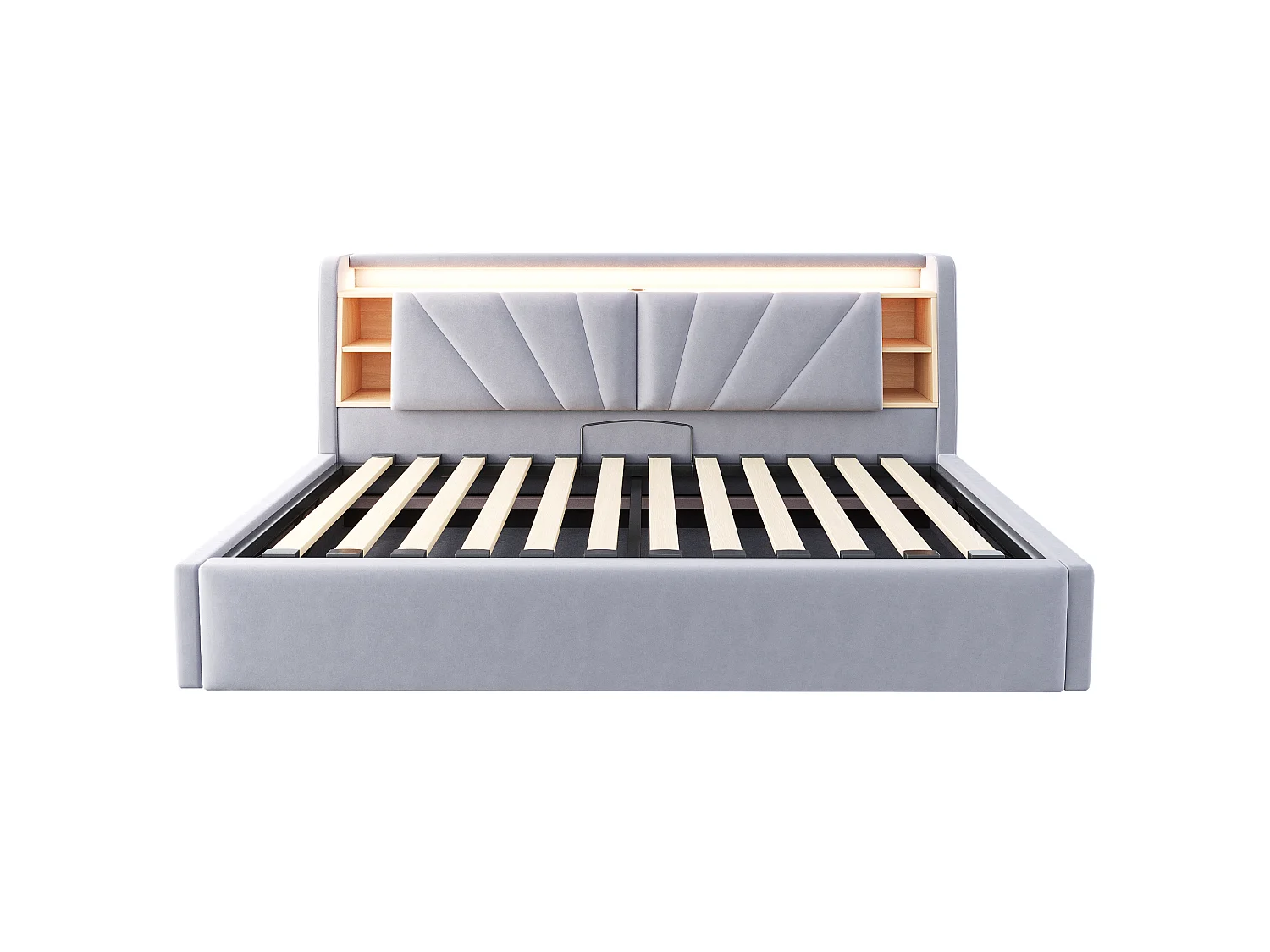 Lit coffre rembourré 90 x 200 cm – avec étagères – avec compartiments de rangement – ​​avec éclairage LED et port USB – Gris clair (matelas non inclus)