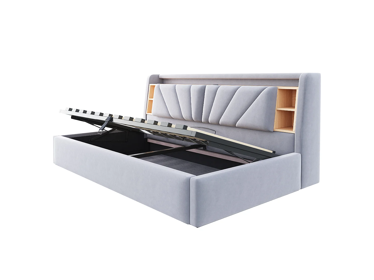 Lit coffre rembourré 90 x 200 cm – avec étagères – avec compartiments de rangement – ​​avec éclairage LED et port USB – Gris clair (matelas non inclus)