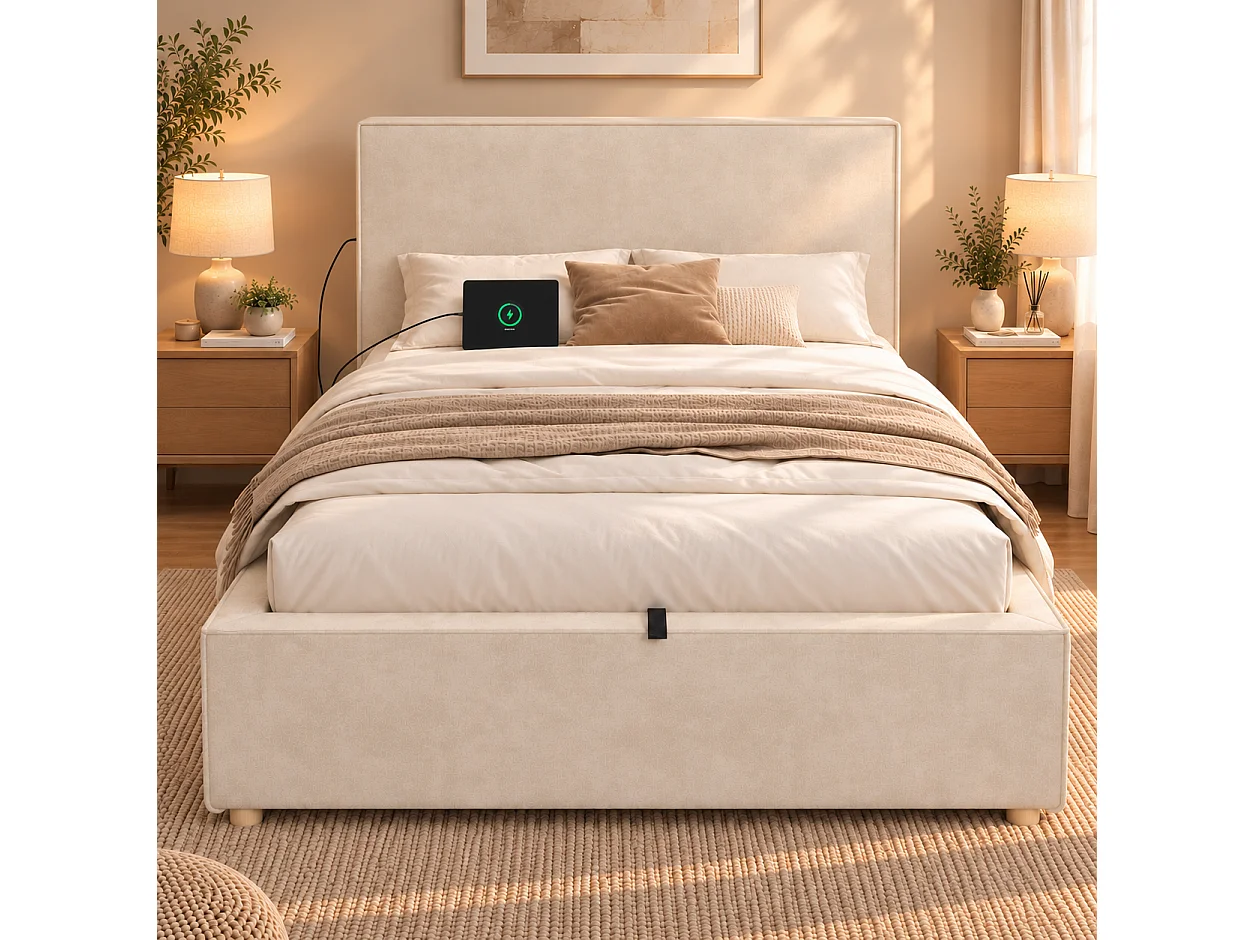 Säng med förvaringsutrymme stoppad 90x200 cm - Med huvudgavel och spjälbotten - Förvaringsutrymme - Chenilltyg - Beige (utan madrass)
