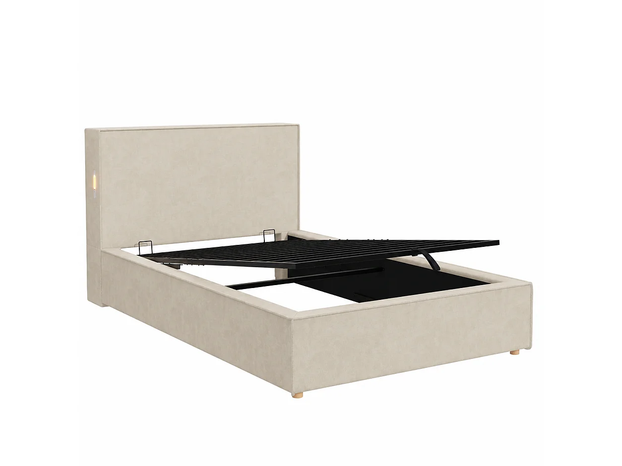 Säng med förvaringsutrymme stoppad 90x200 cm - Med huvudgavel och spjälbotten - Förvaringsutrymme - Chenilltyg - Beige (utan madrass)