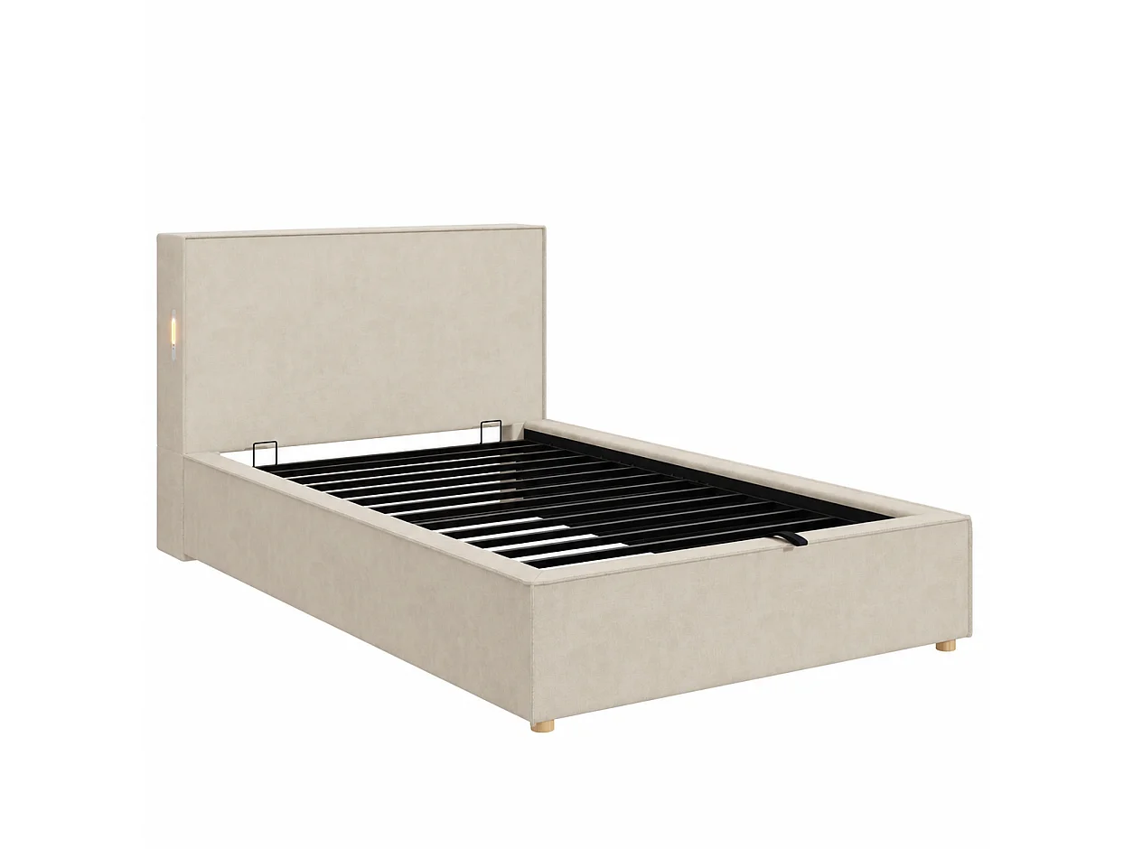 Säng med förvaringsutrymme stoppad 90x200 cm - Med huvudgavel och spjälbotten - Förvaringsutrymme - Chenilltyg - Beige (utan madrass)