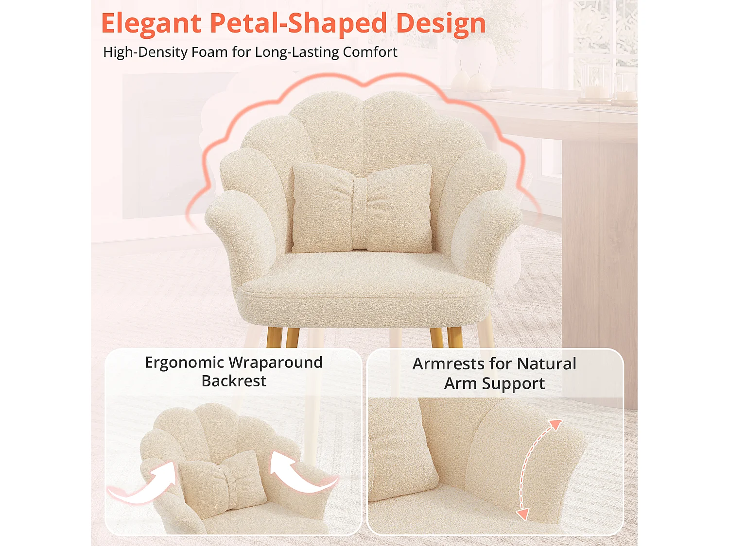 Set van 2 moderne fauteuils – Bekleed – Poten van verguld metaal – Boogvormige rugleuning – beige