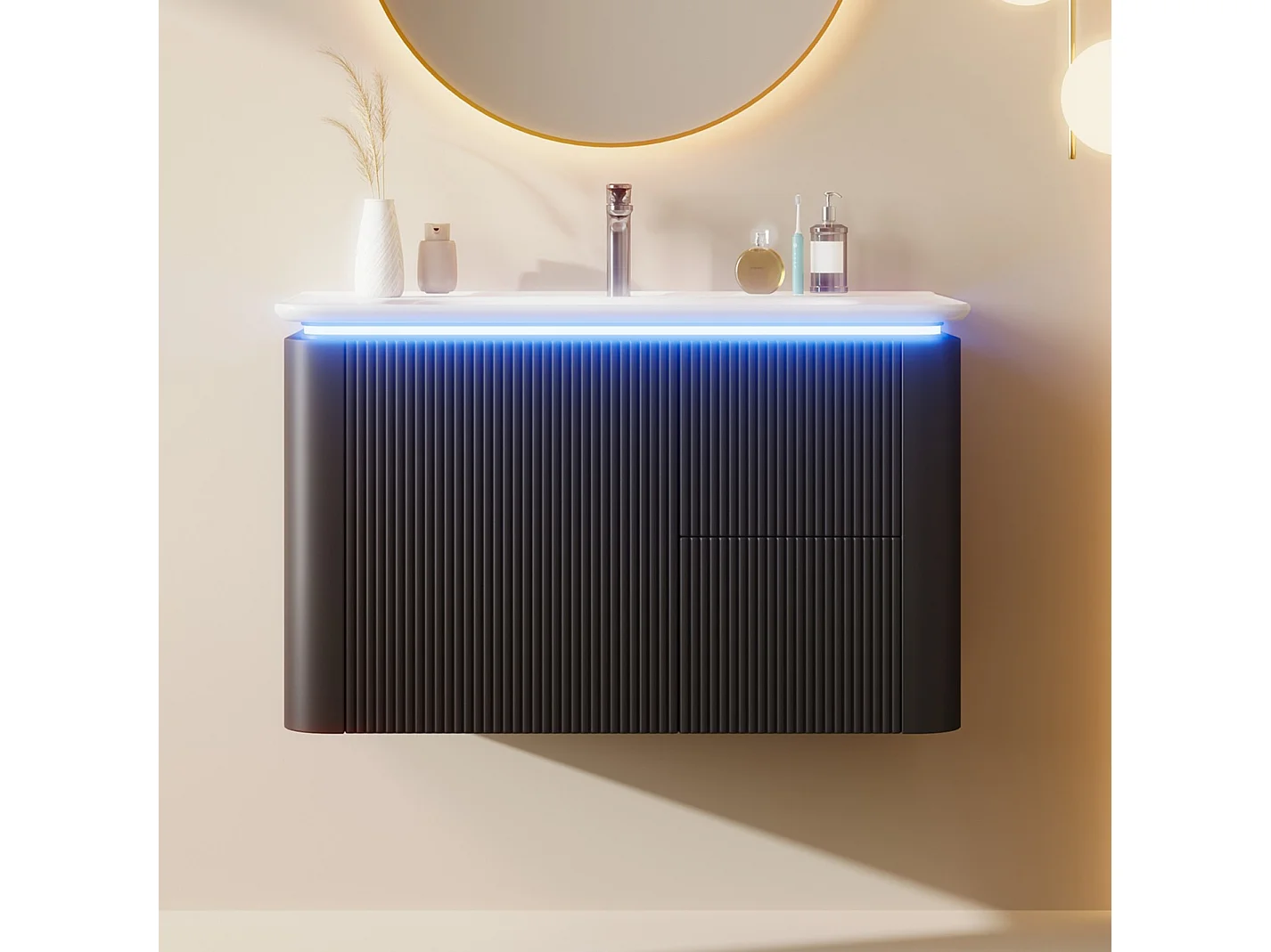 Ophangbaar badkamermeubel 80,5×47,5×51 cm - Geïntegreerde wastafel - 4 laden - Met LED - Gelakte afwerking - Zwart