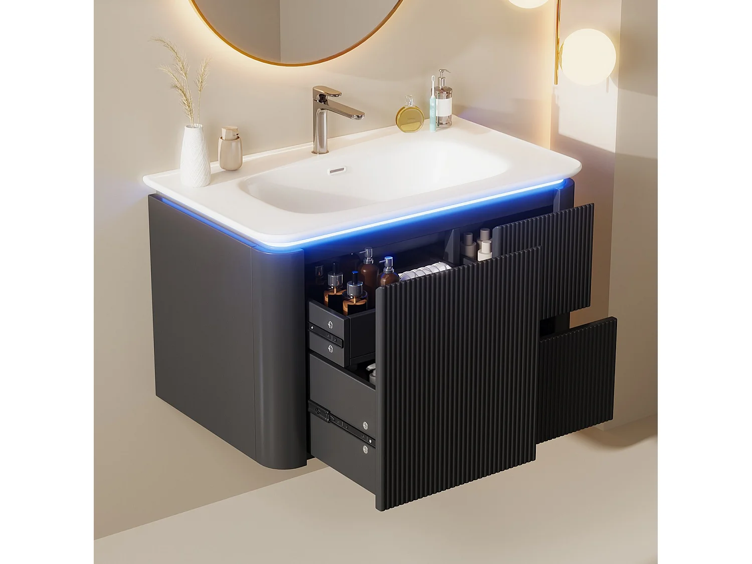 Ophangbaar badkamermeubel 80,5×47,5×51 cm - Geïntegreerde wastafel - 4 laden - Met LED - Gelakte afwerking - Zwart